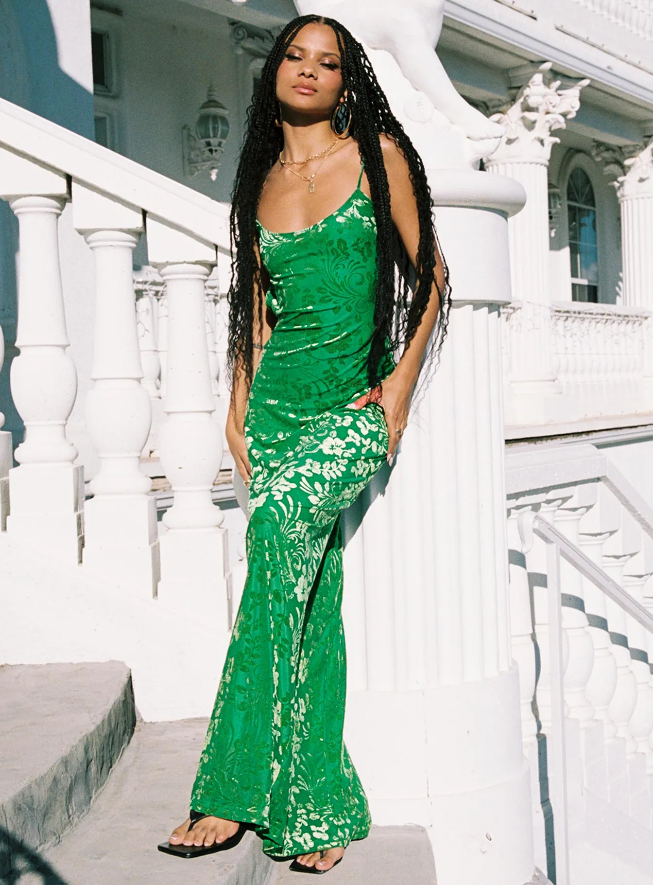 Burn Out Velvet Maxi Dress Green Light Wear Satin-Sleeve