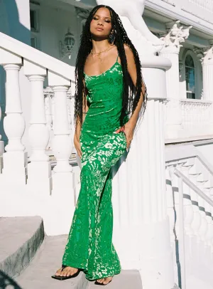 Burn Out Velvet Maxi Dress Green Light Wear Satin-Sleeve