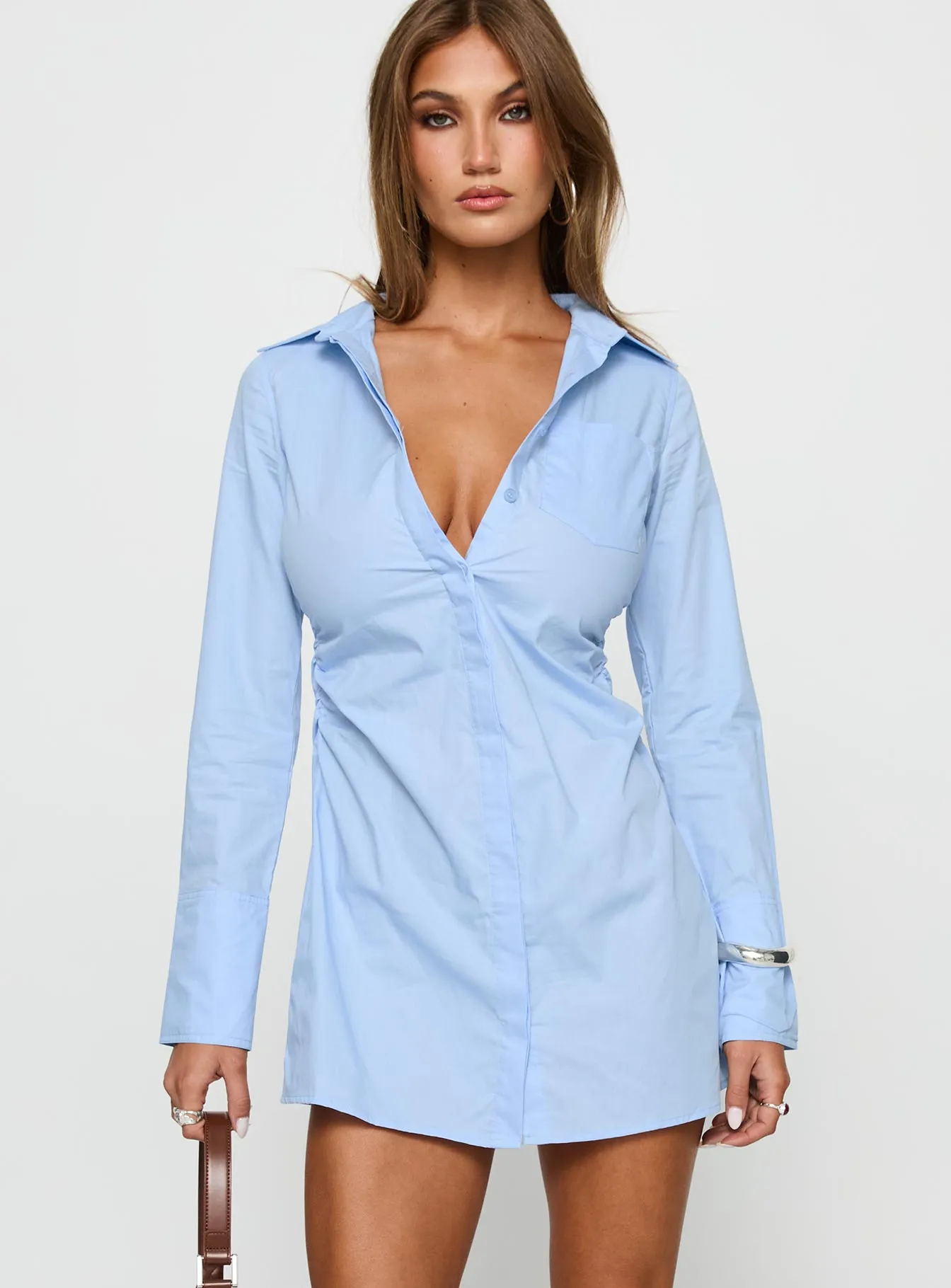 Silky Surface Cesarina Ruched Shirt Mini Dress Blue