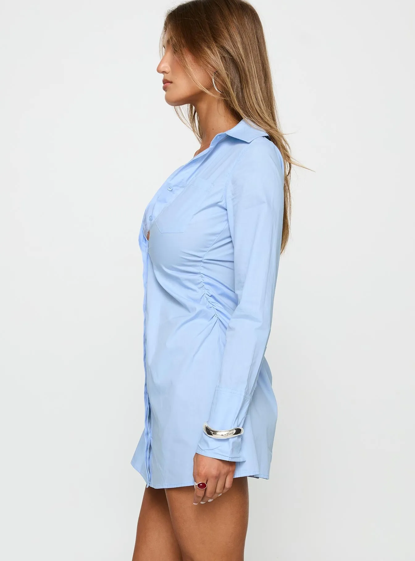 Flattering Cut Formal Outfit Cesarina Ruched Shirt Mini Dress Blue