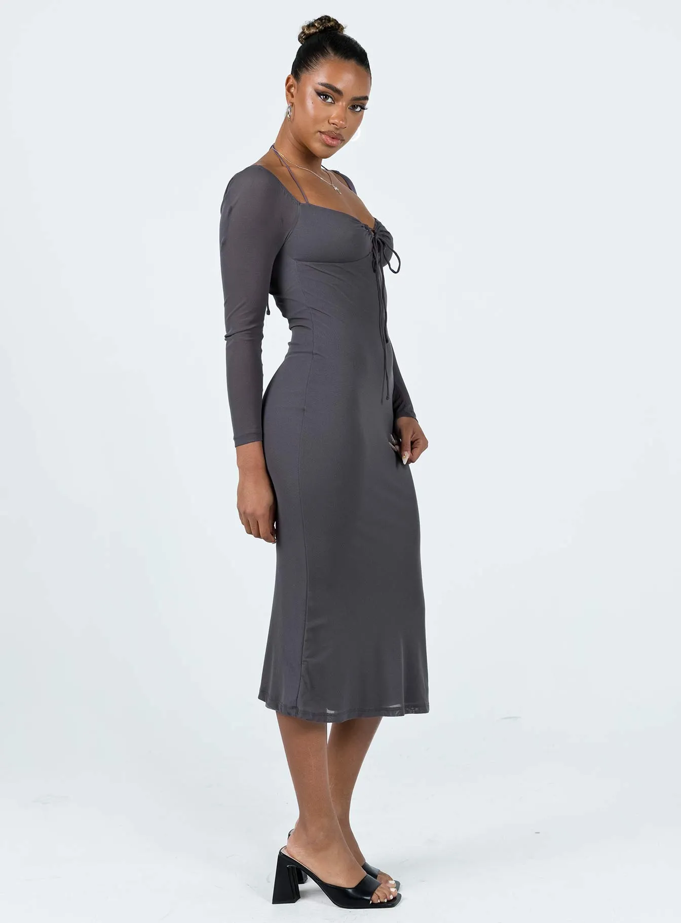 Collar Accent Fall Comfort Fowlers Long Sleeve Midi Dress Slate