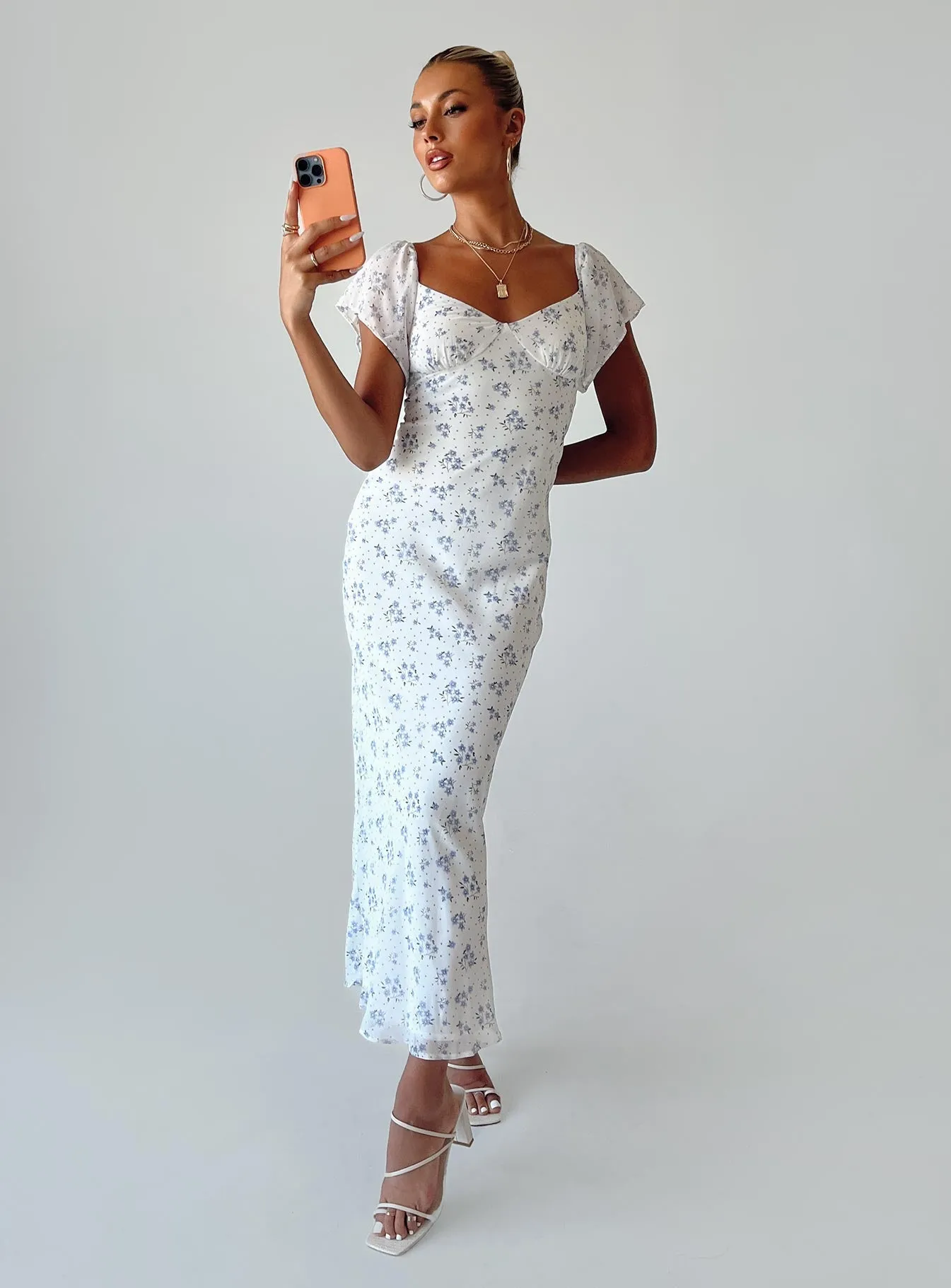 Hera Maxi Dress White Floral Smart And Comfortable Feminine Cut