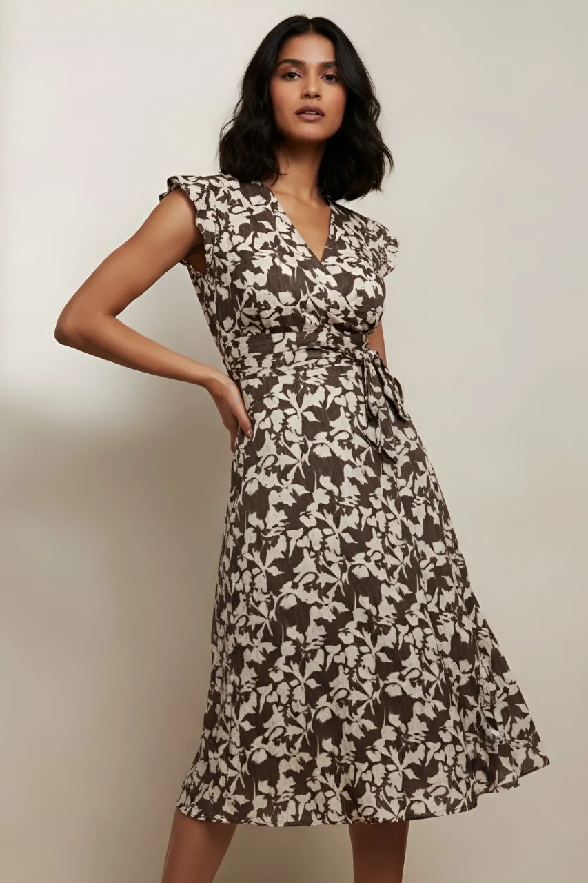 Fleur Olive Printed Ruffle Midi Dress All Moments Evening-Wear
