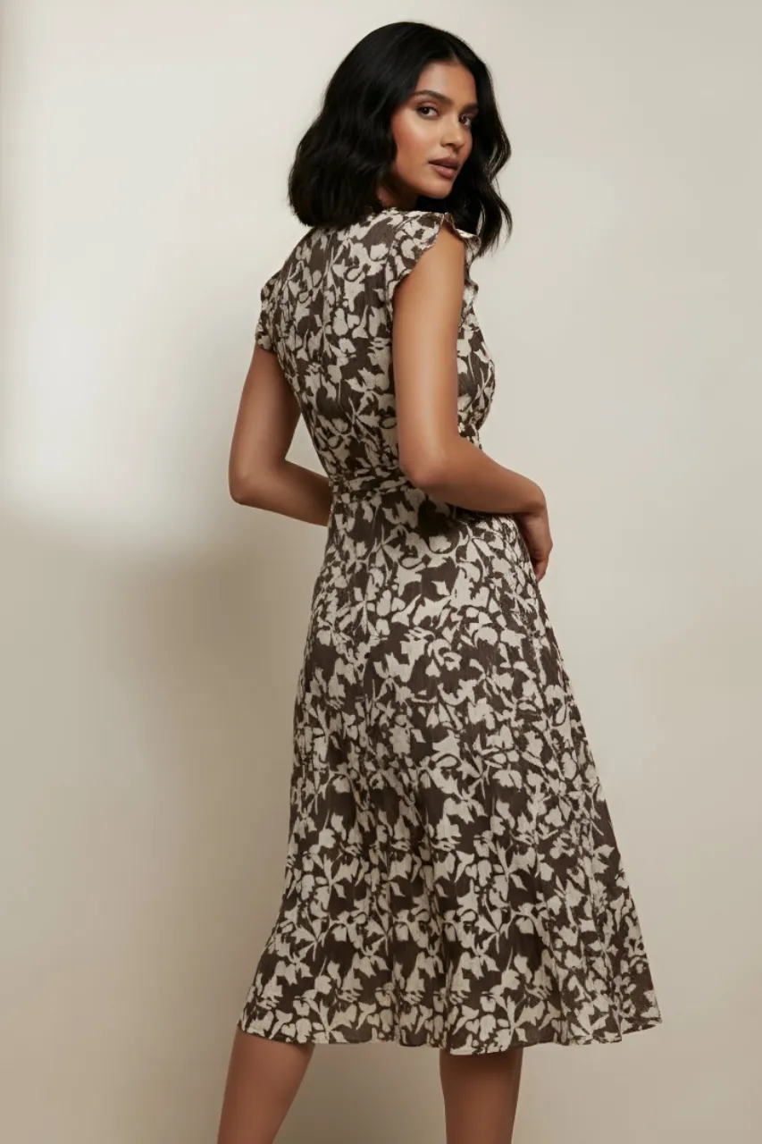 Fleur Olive Printed Ruffle Midi Dress Fitted Base Smooth Mood