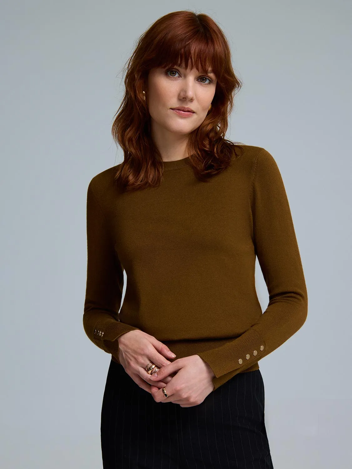 NonRestrictive Cuff Button Detail Crew Neck Sweater