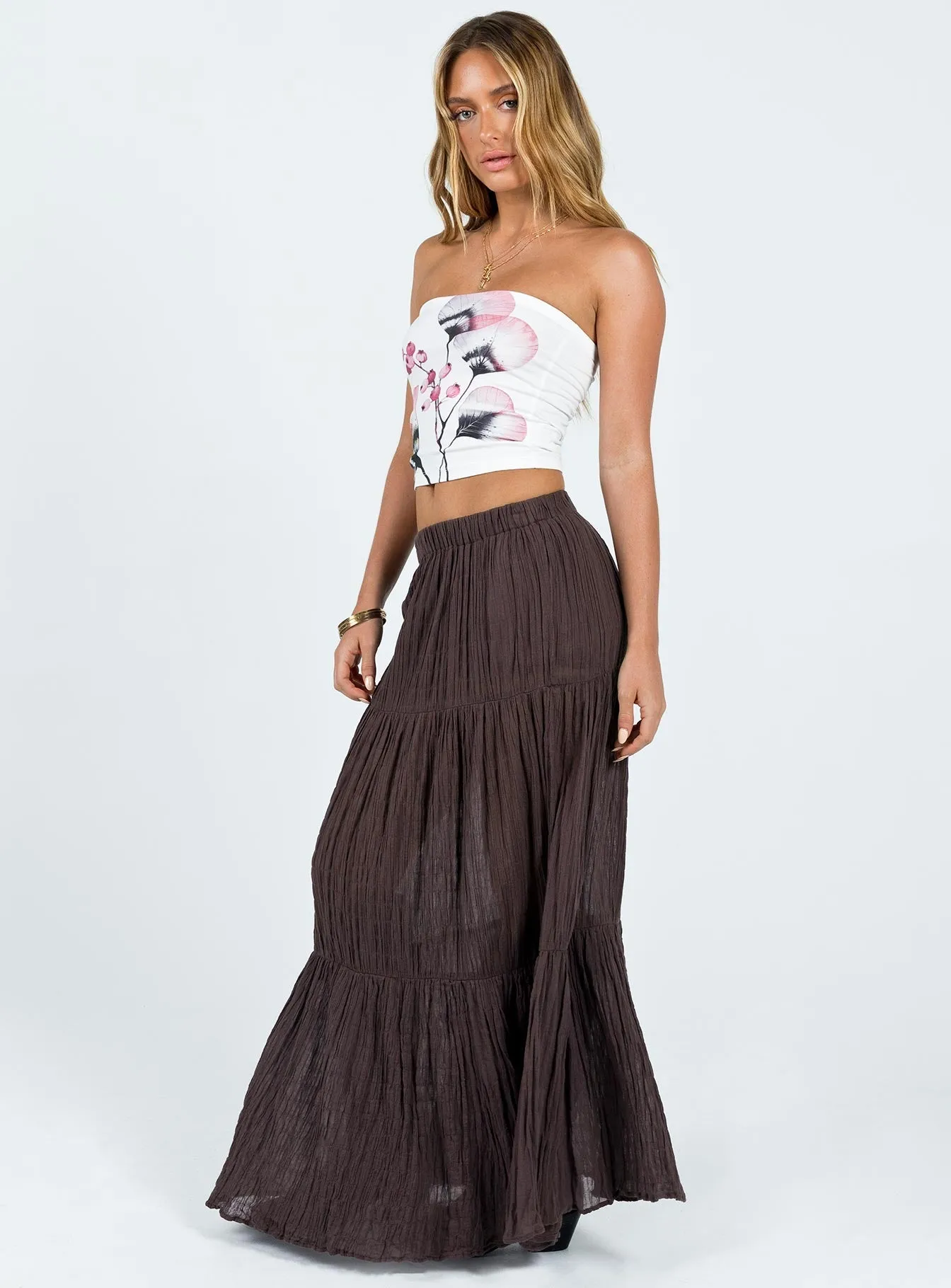 High Density Weave Shirred Back Gilchrist Low Rise Maxi Skirt Brown