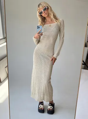 Soft Stretch Sweetheart-Neck Kendor Long Sleeve Maxi Dress Beige