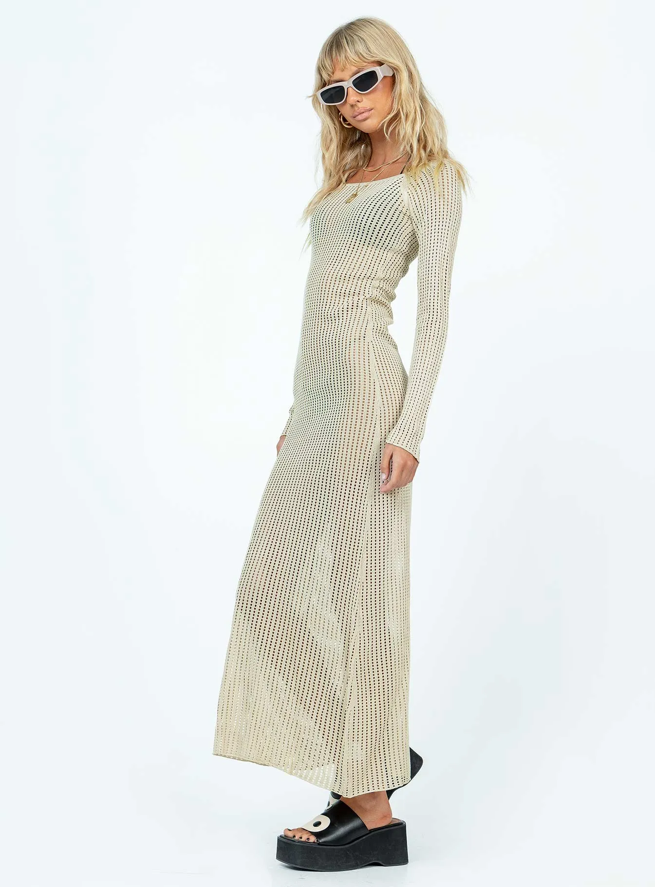 Classic Movement Lightweight and Breezy Kendor Long Sleeve Maxi Dress Beige
