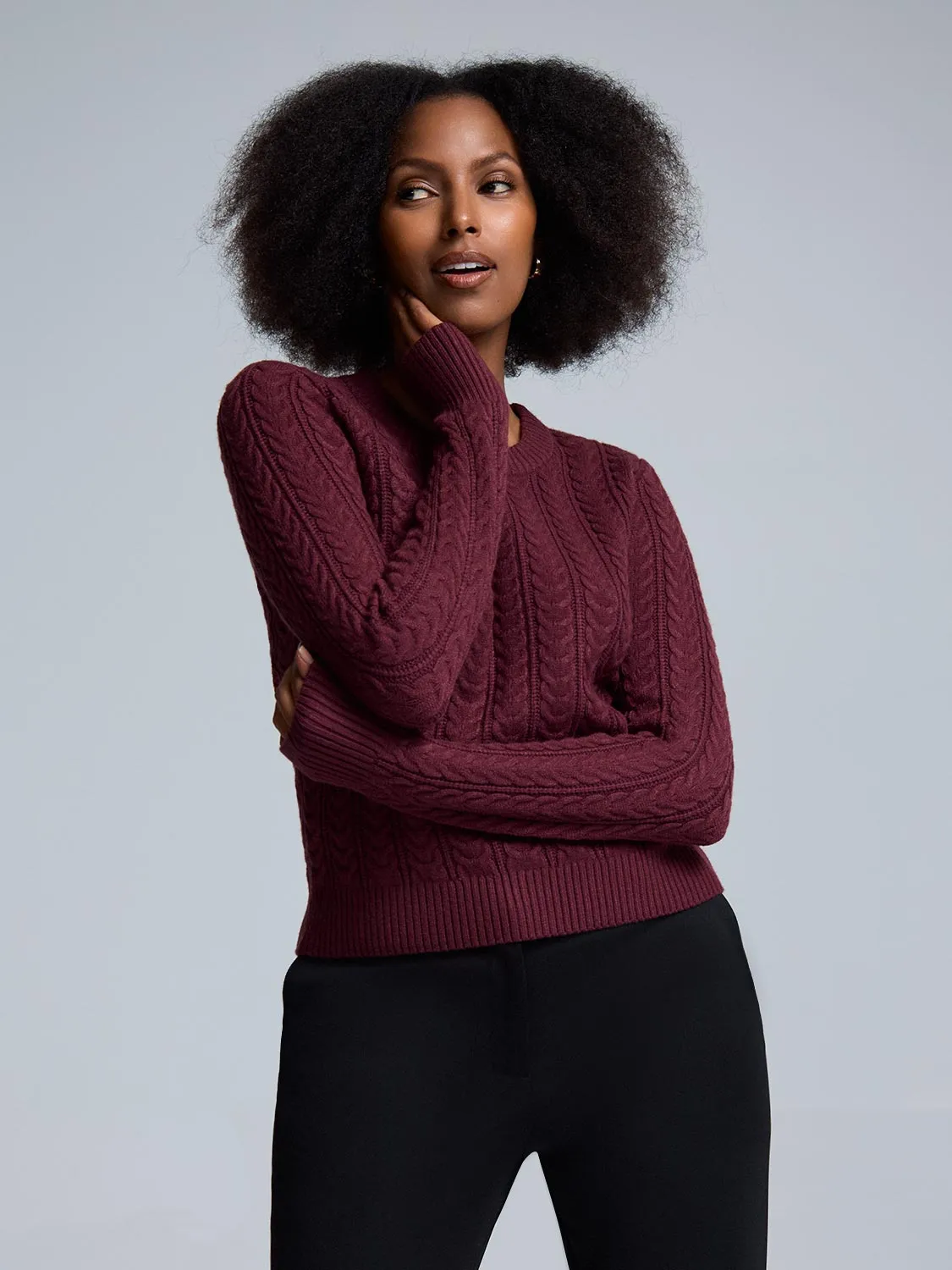 MoistureWicking Basic Layer Crew Neck Cable Knit Sweater