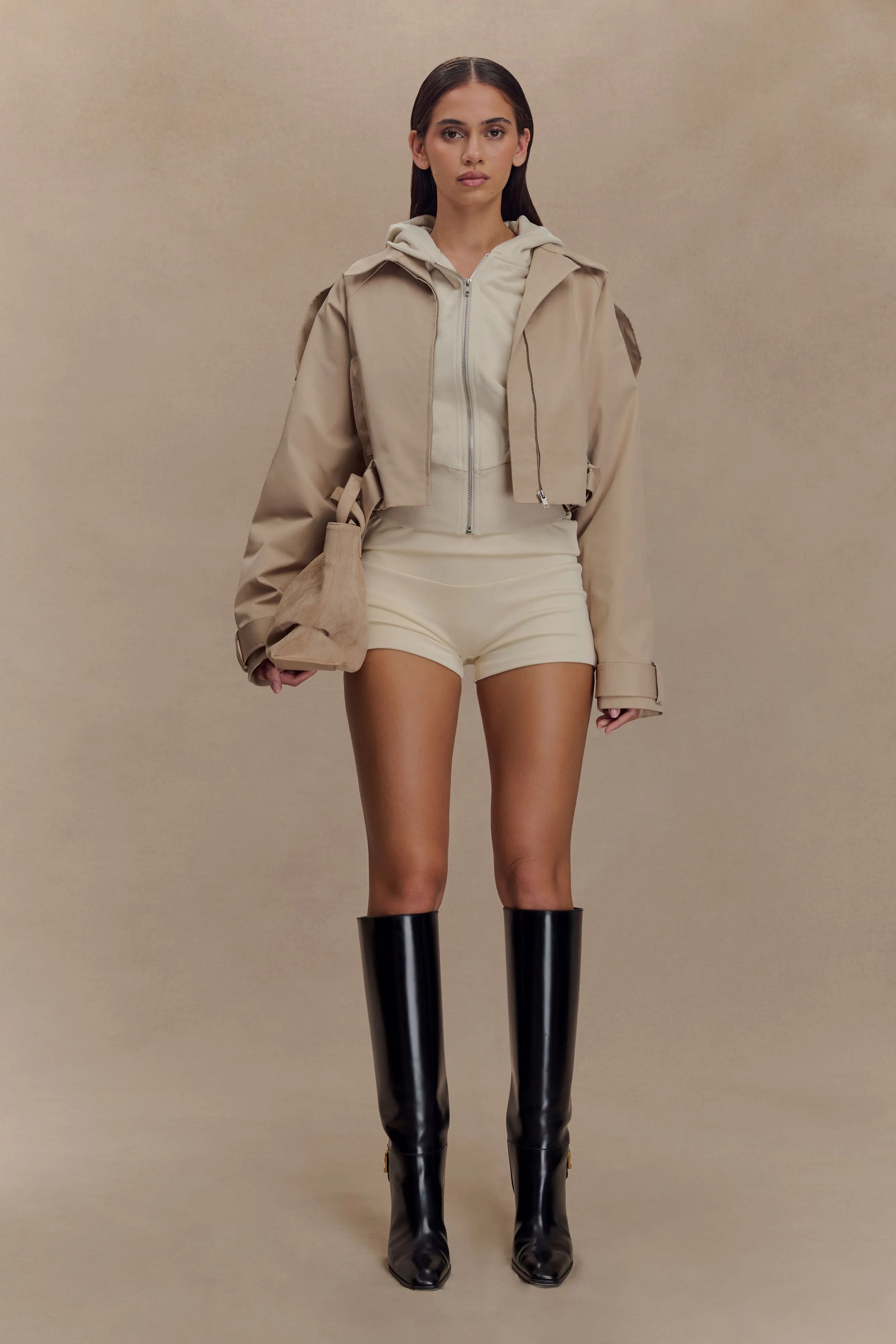 Frank Cropped Collared Jacket - Camel Compact Design LaserCut Vents