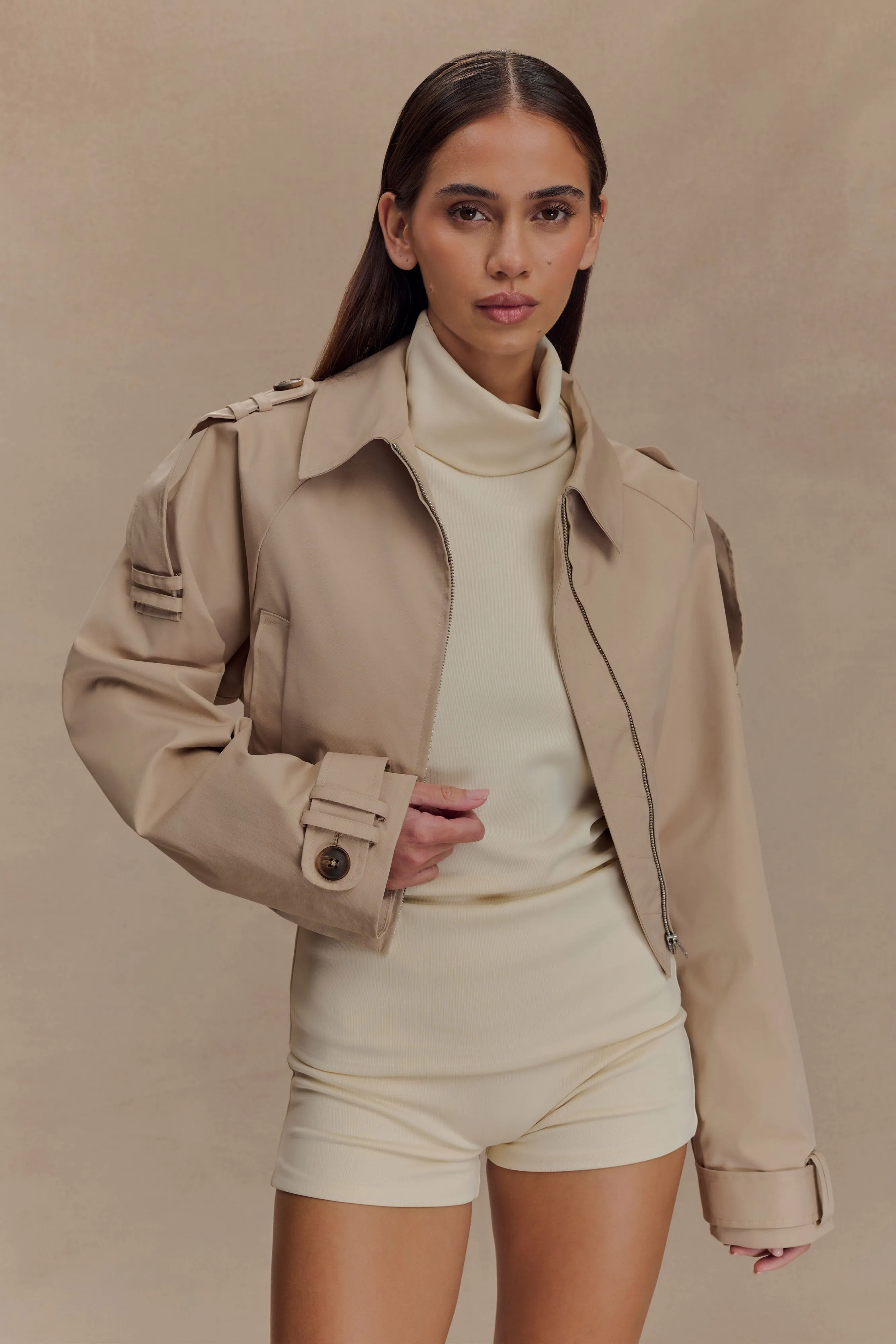 Frank Cropped Collared Jacket - Camel Lined Pockets No Static