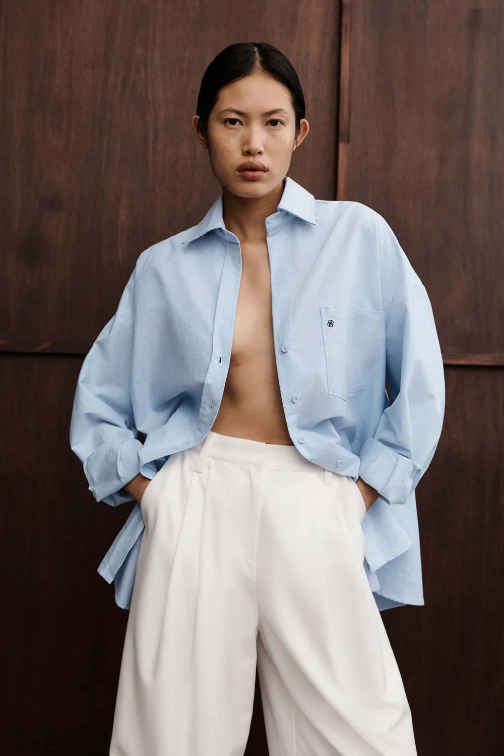 Self Fabric Tape RHEA BLUE OVERSIZED COTTON SHIRT