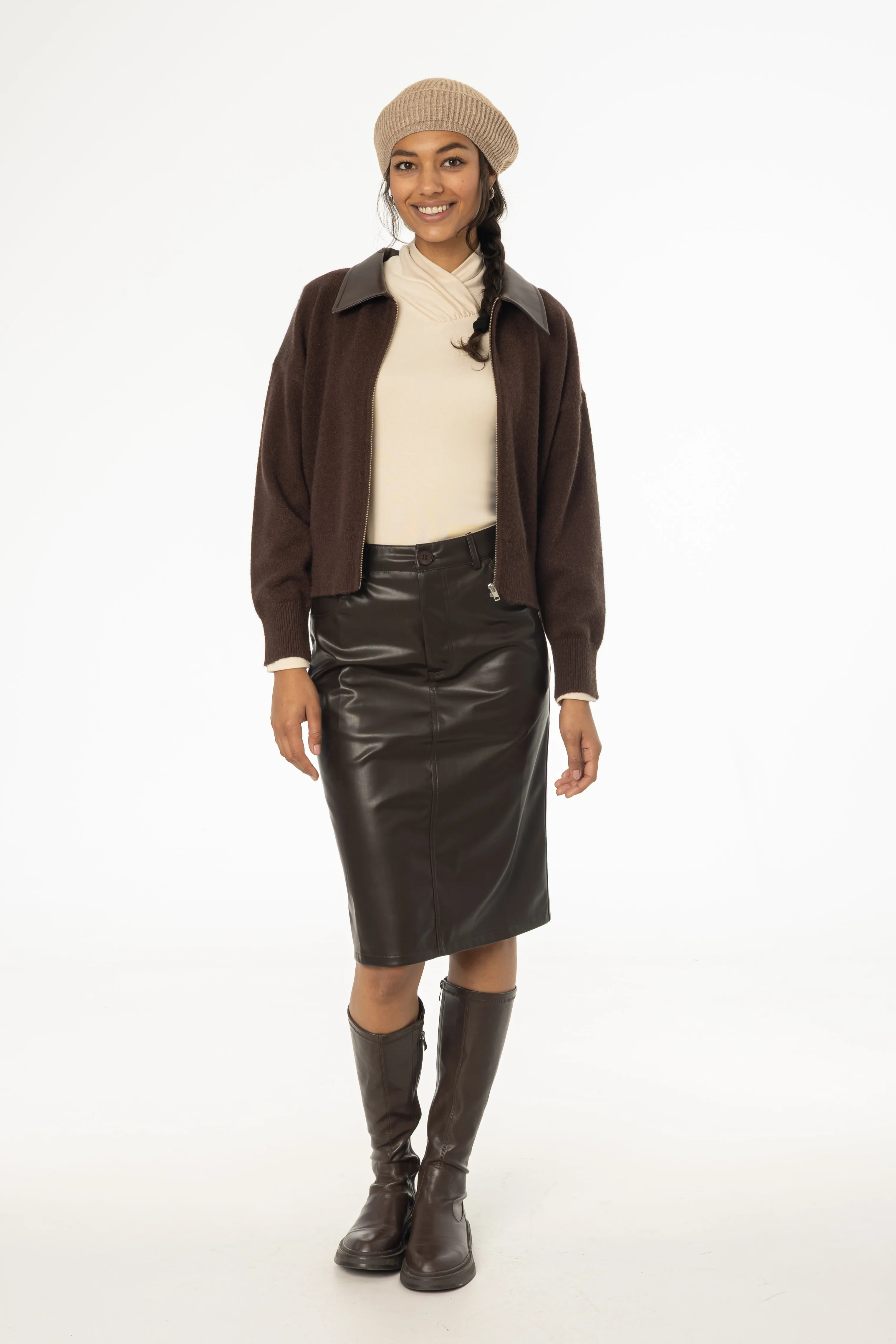 Brown Vegan Leather Pencil Skirt Glossy Texture Vibrant color