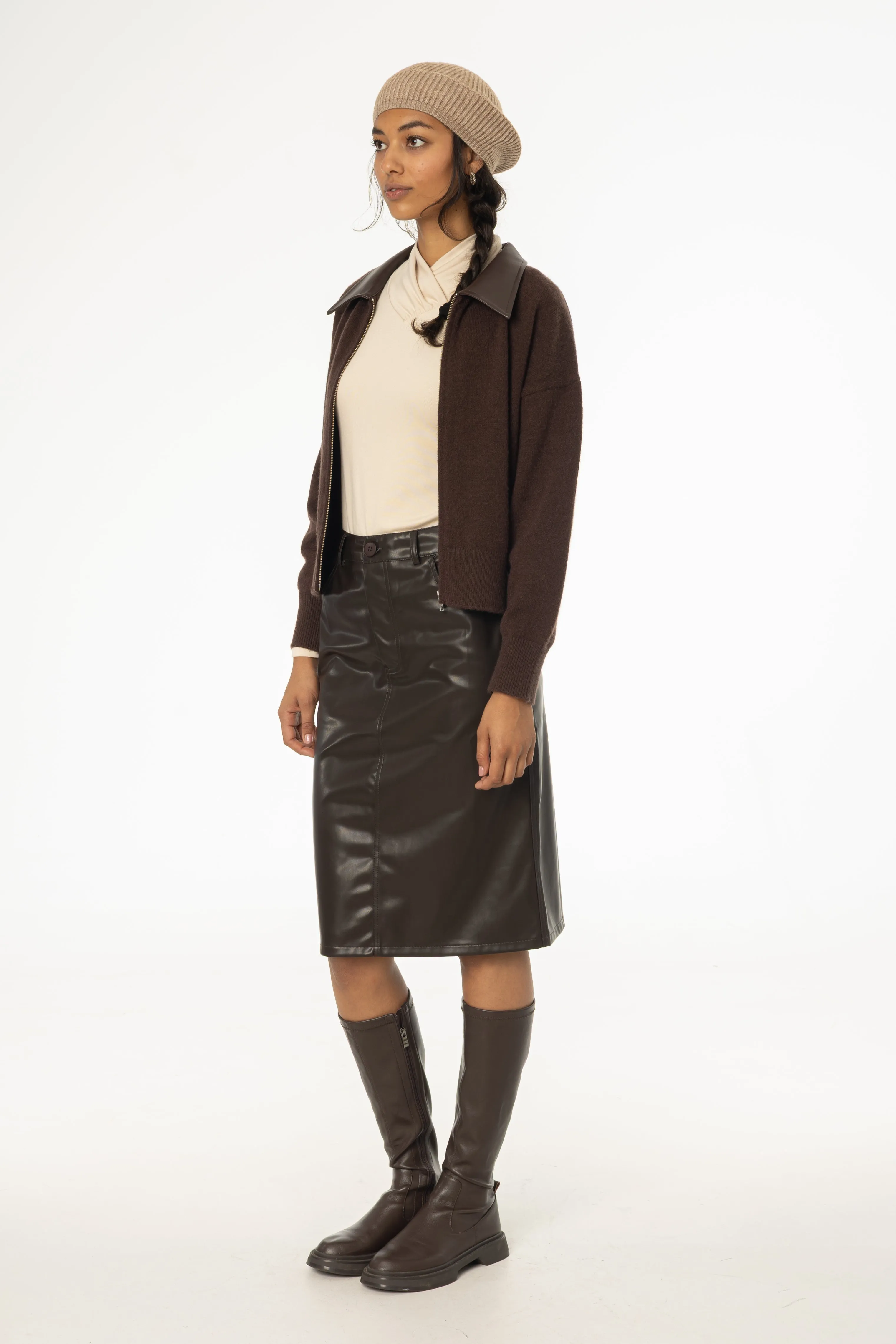 Brown Vegan Leather Pencil Skirt Structured silhouette Crisp Details