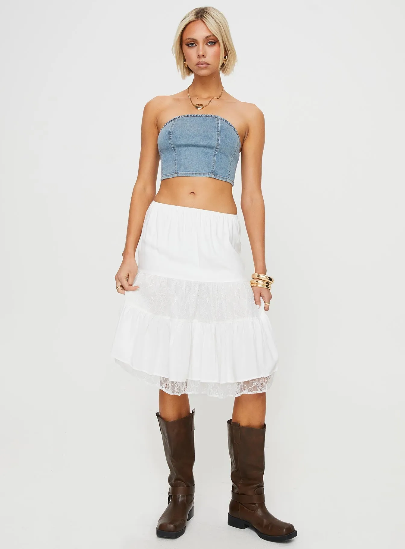 Frolicking Lace Midi Skirt White Elegant Look Designer Inspired