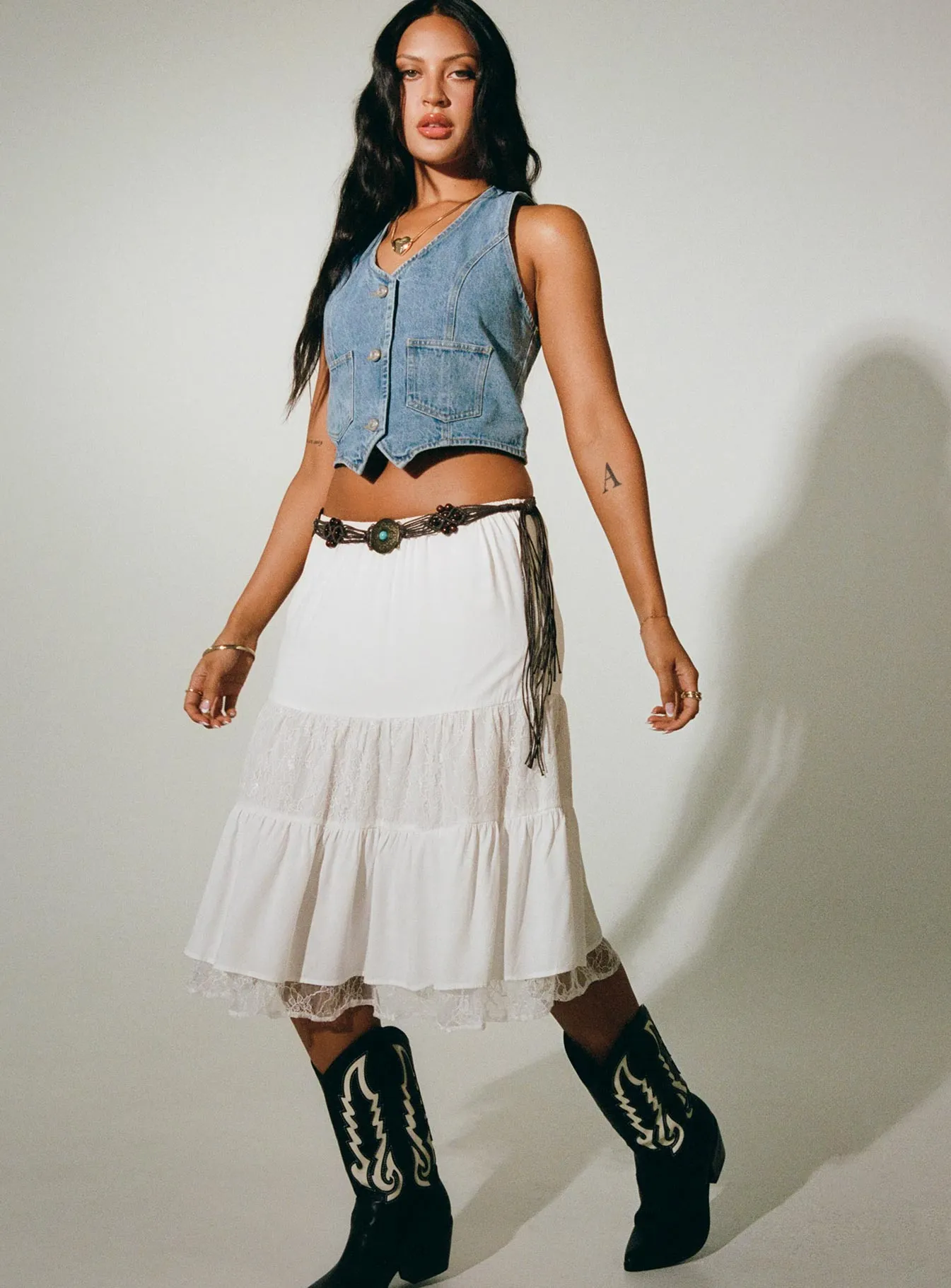 Frolicking Lace Midi Skirt White urban scene