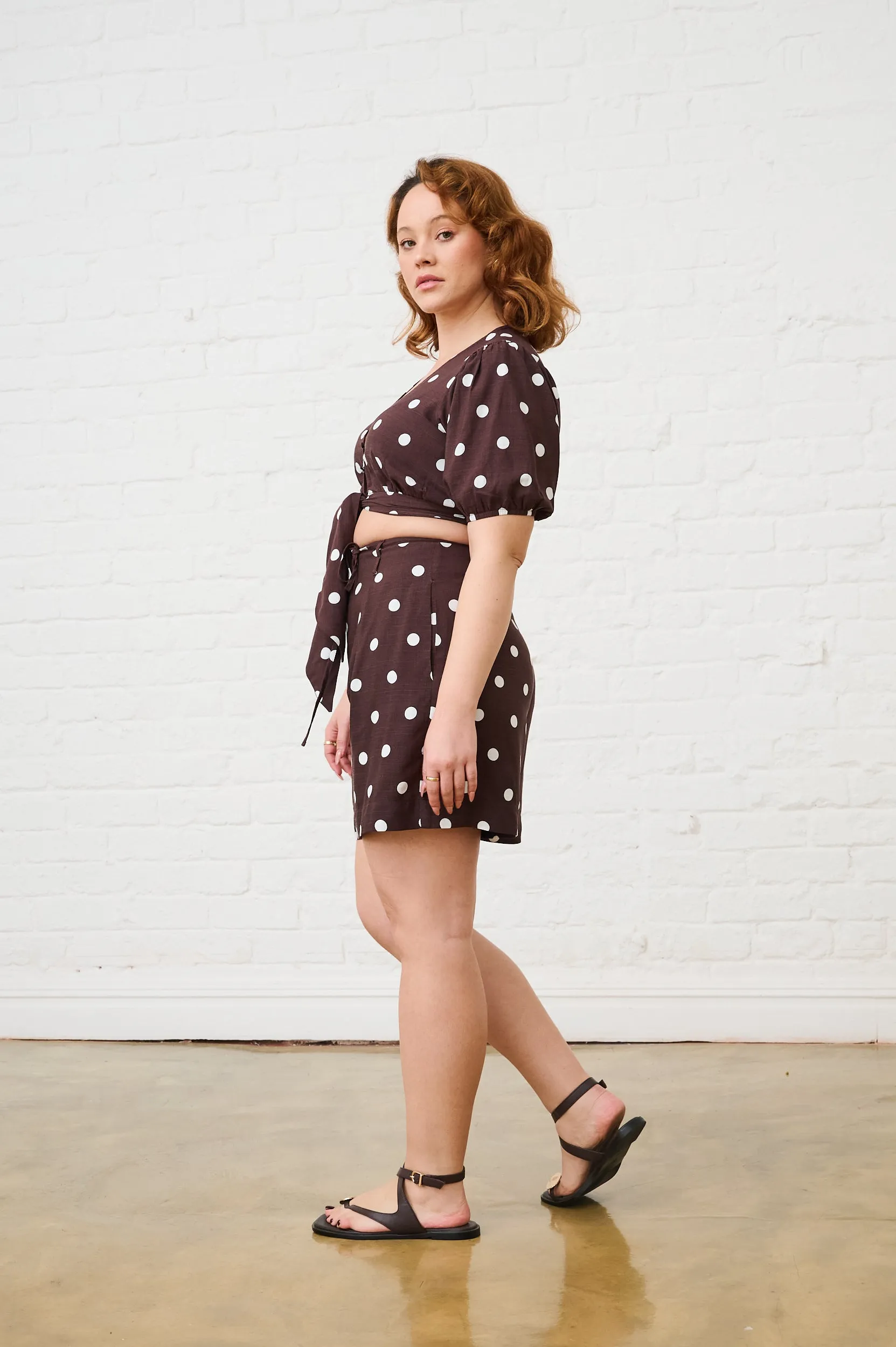 Casual Layer Look Front Tie Crop Top in Choc Spot