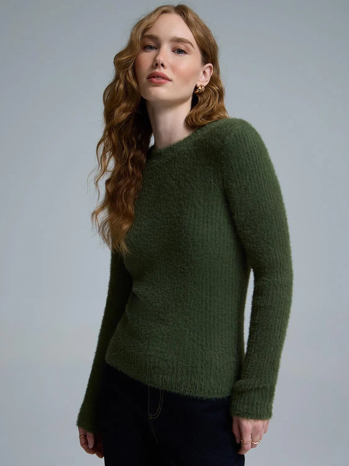 Work Comfort Calm Tones Fuzzy Crew Neck Sweater