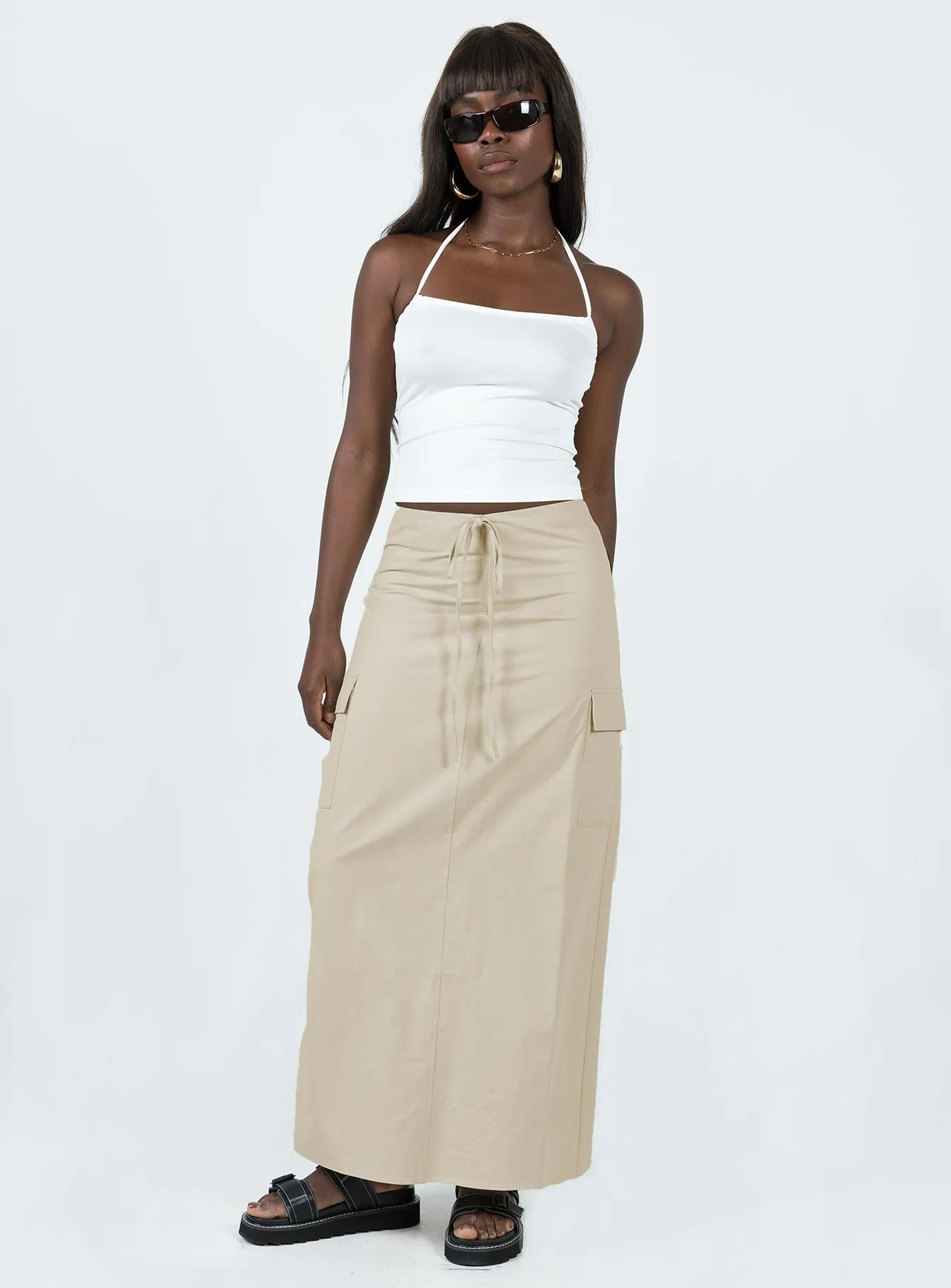 Giddings Cargo Maxi Skirt Beige Hand Stitched Fringe Detail