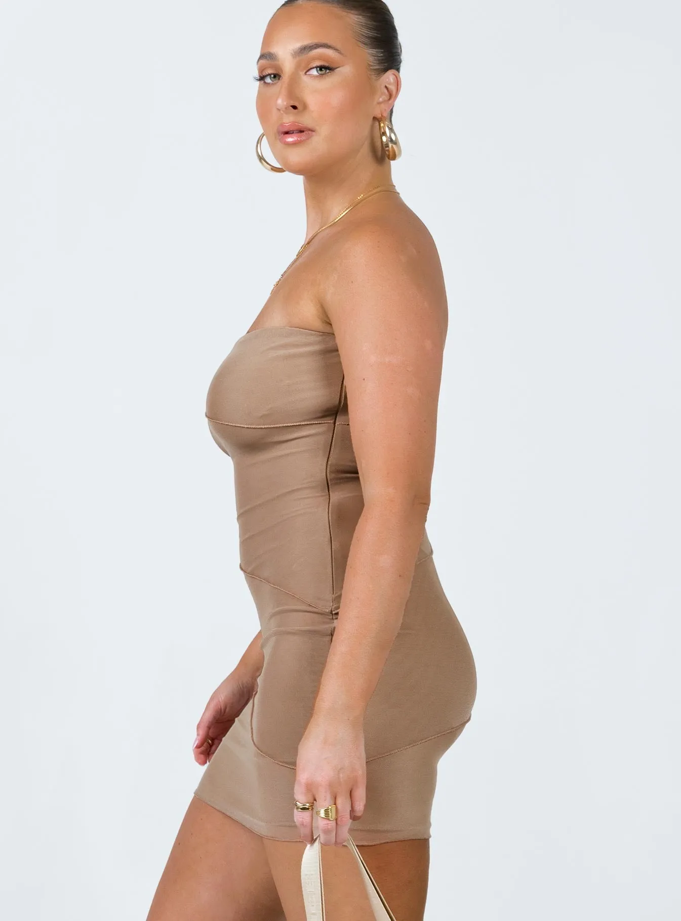 Textured Layers Daily Silhouette Giorgia Strapless Mini Dress Beige