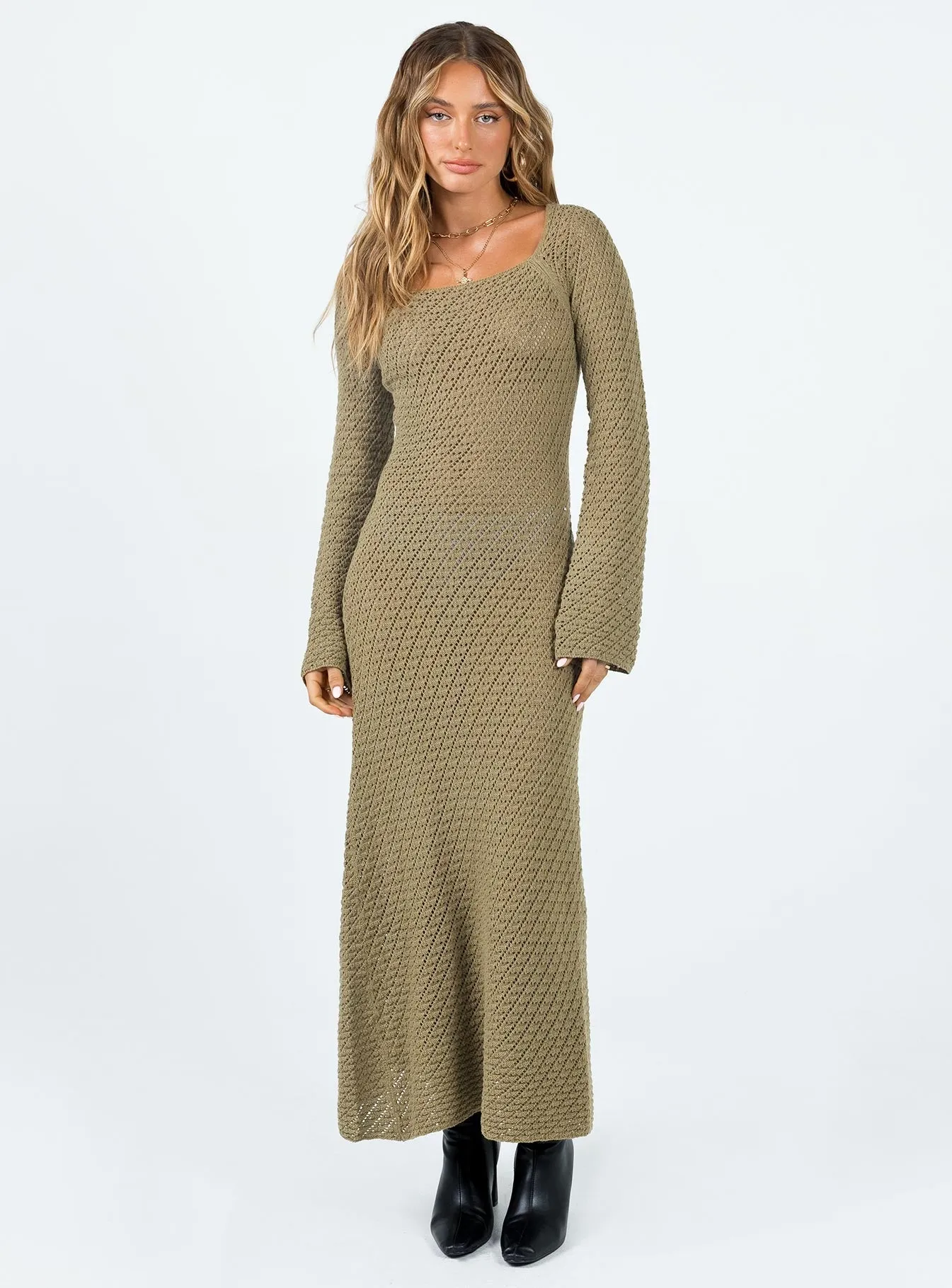 Flexible Layers Cotton-Blend Lorena Long Sleeve Maxi Dress Khaki
