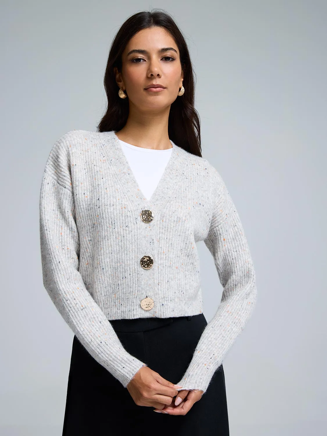 Gold Metal Button-Front Cardigan Neutral Fit