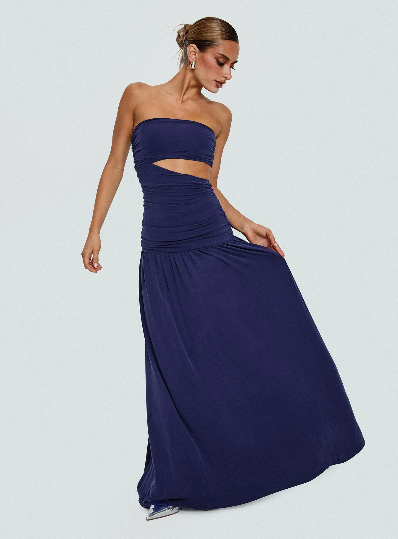 Grandeur Strapless Maxi Dress Navy Chic Waistband Vacation Outfit