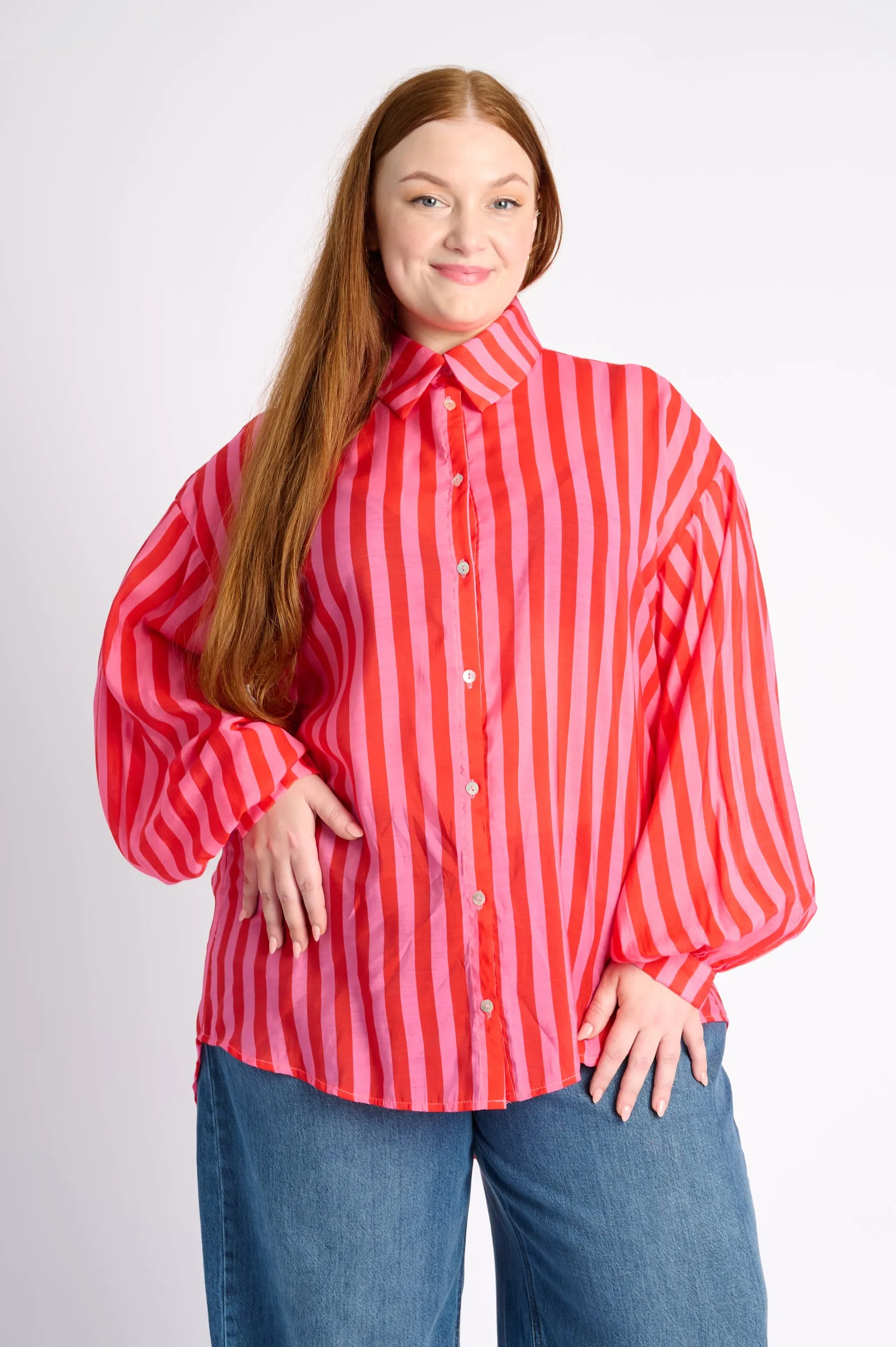 Anti-pilling The Bellow Sleeve Shirt in Pink Red Stripe