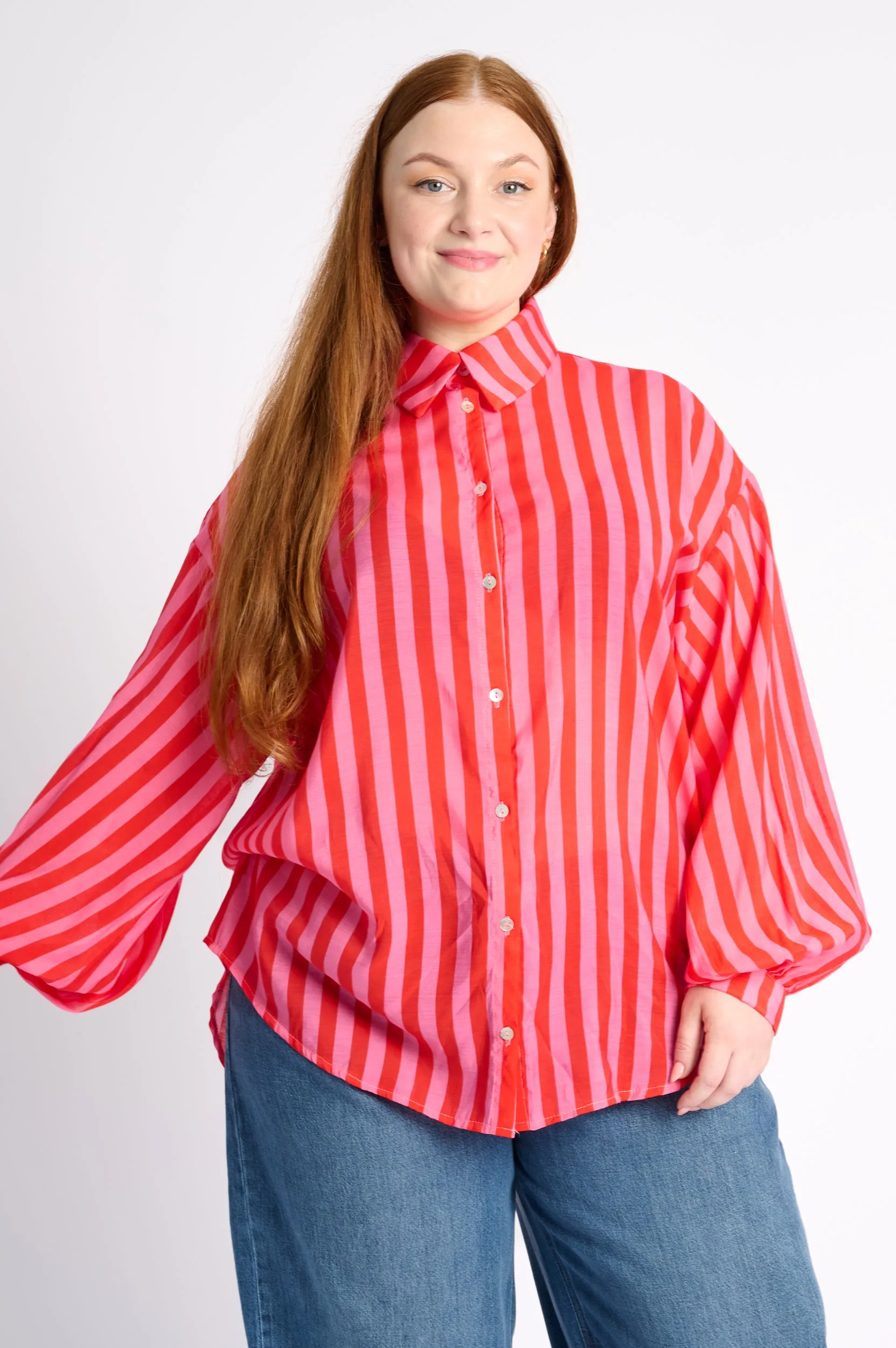 Active Layer Fit college The Bellow Sleeve Shirt in Pink Red Stripe