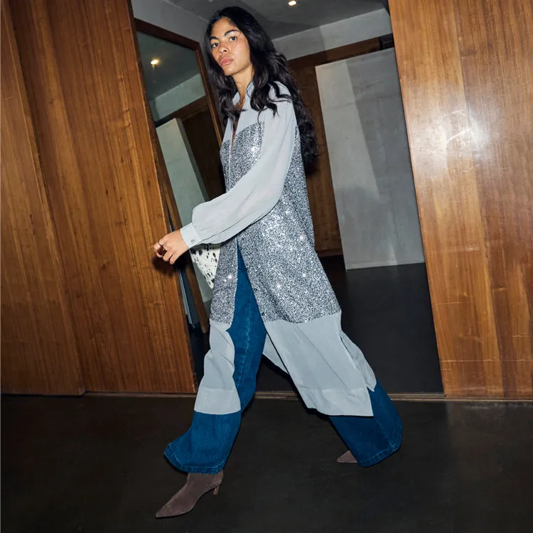 Gunmetal Sequin Lila Shirt Dress Daily Casual