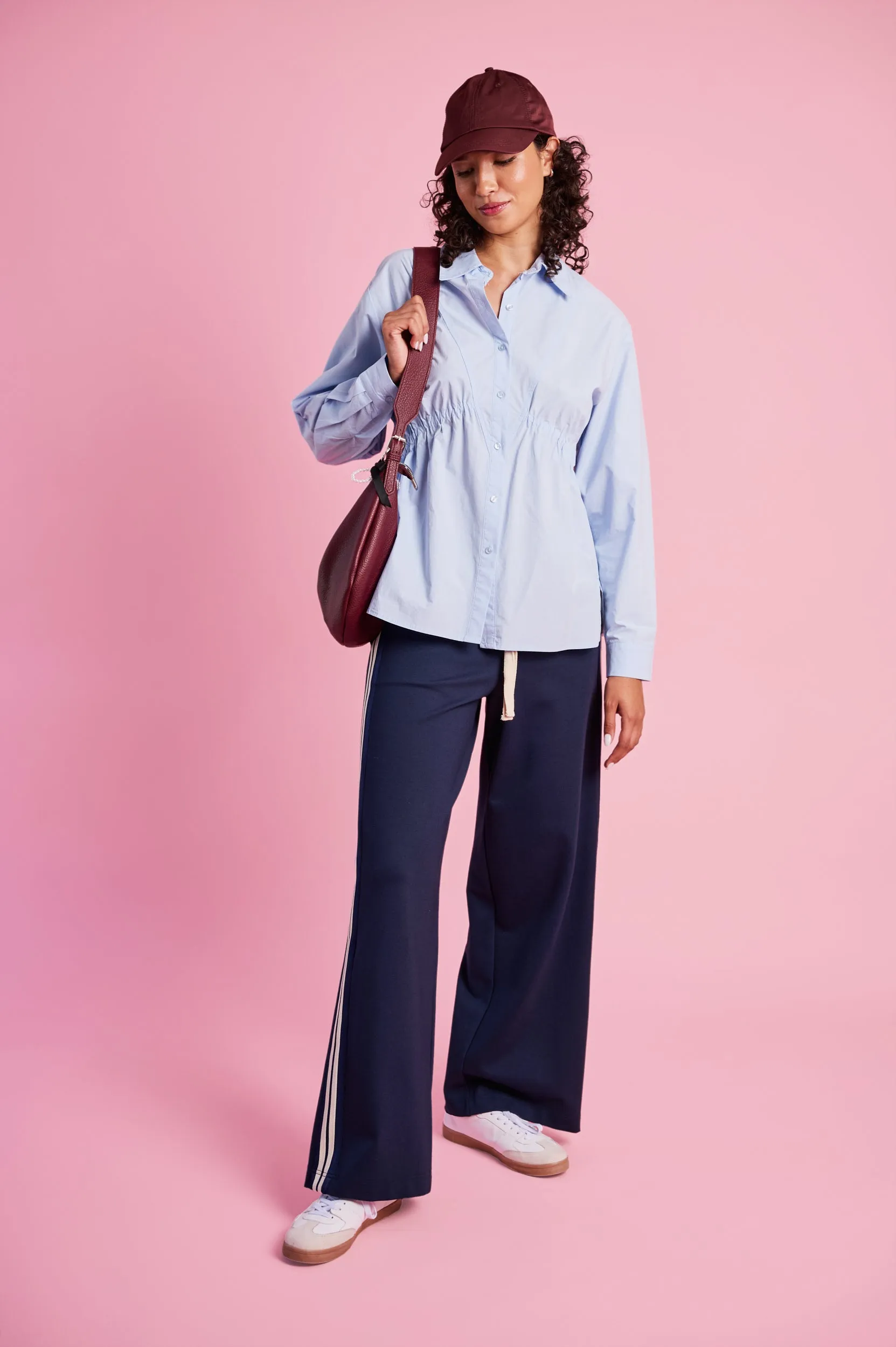 Ruched Empire Cotton Shirt in Sky Blue Trendy Basics Relaxed Comfort Look