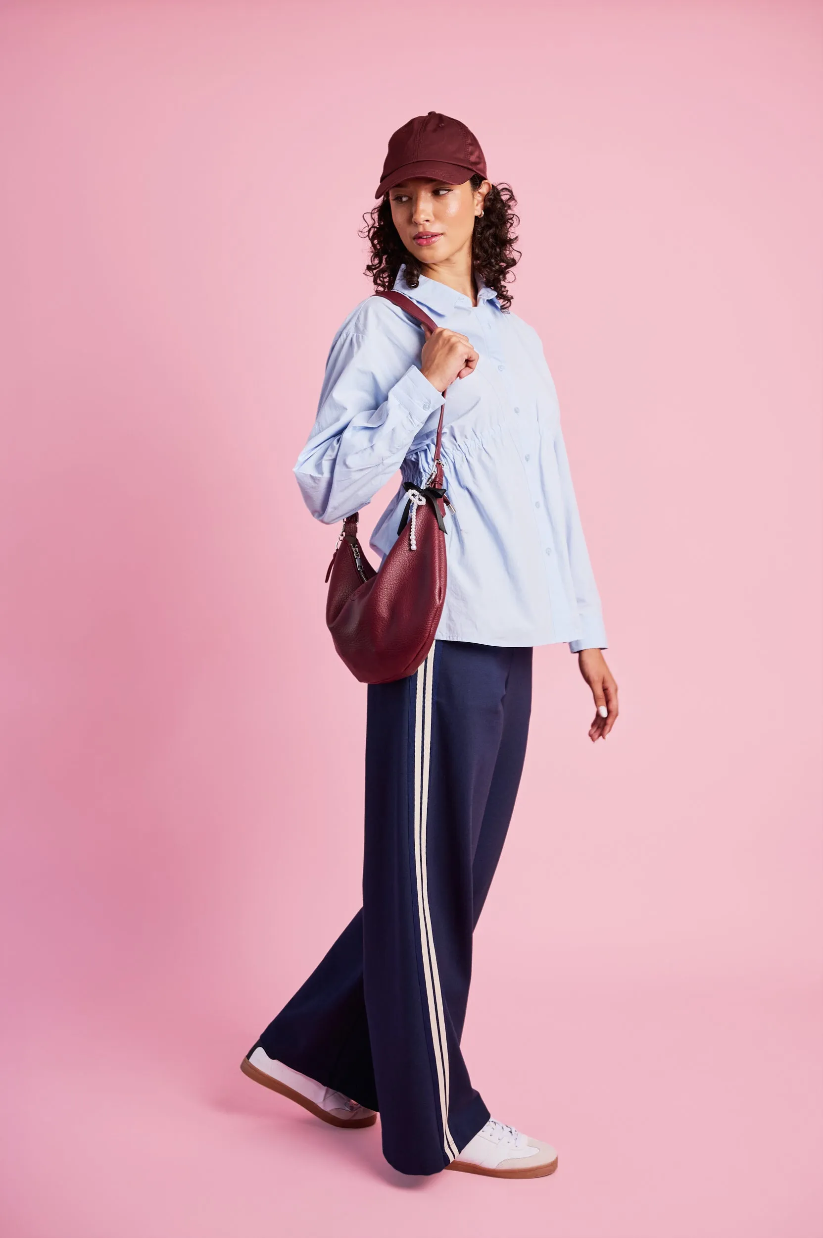 Fashion and Comfort Ruched Empire Cotton Shirt in Sky Blue