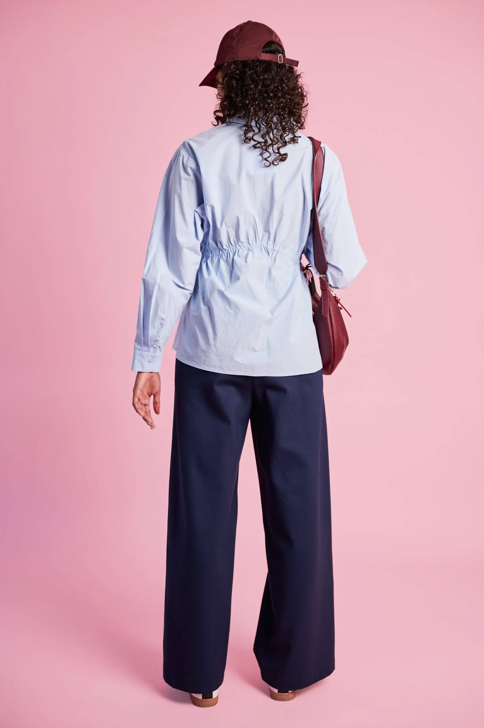 Flexible Fit Practical Wear Ruched Empire Cotton Shirt in Sky Blue