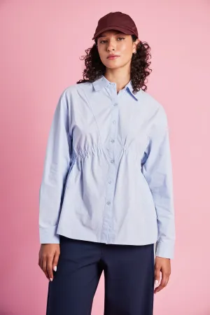 Adjustable Hem Ruched Empire Cotton Shirt in Sky Blue