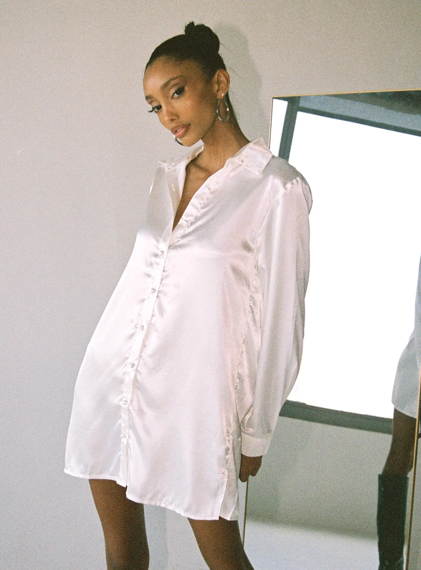 Kind Glow 90210 Satin Shirt Mini Dress White