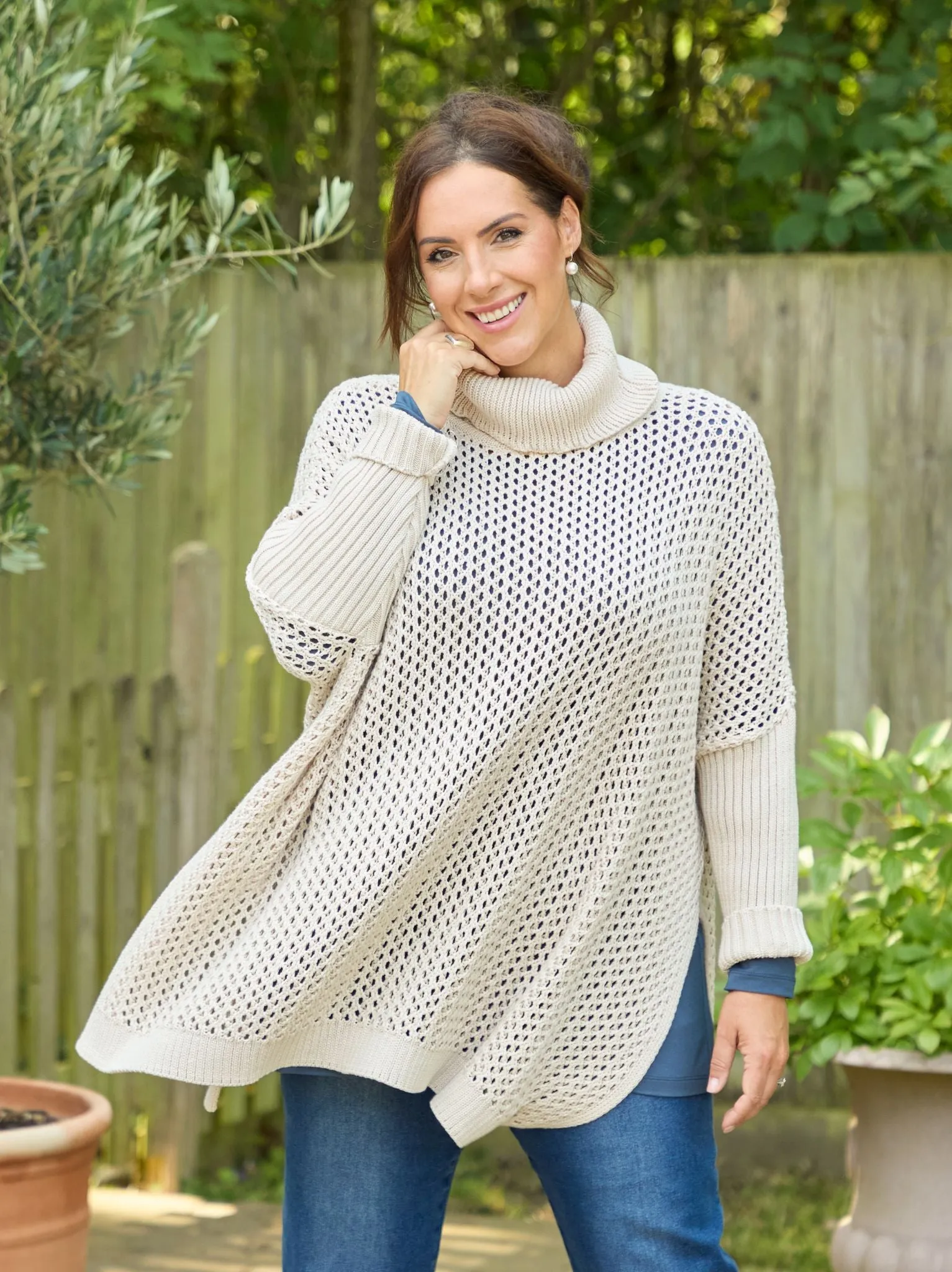 Ilona Crochet Knit Poncho - Almond Cold Layer Classic Shape