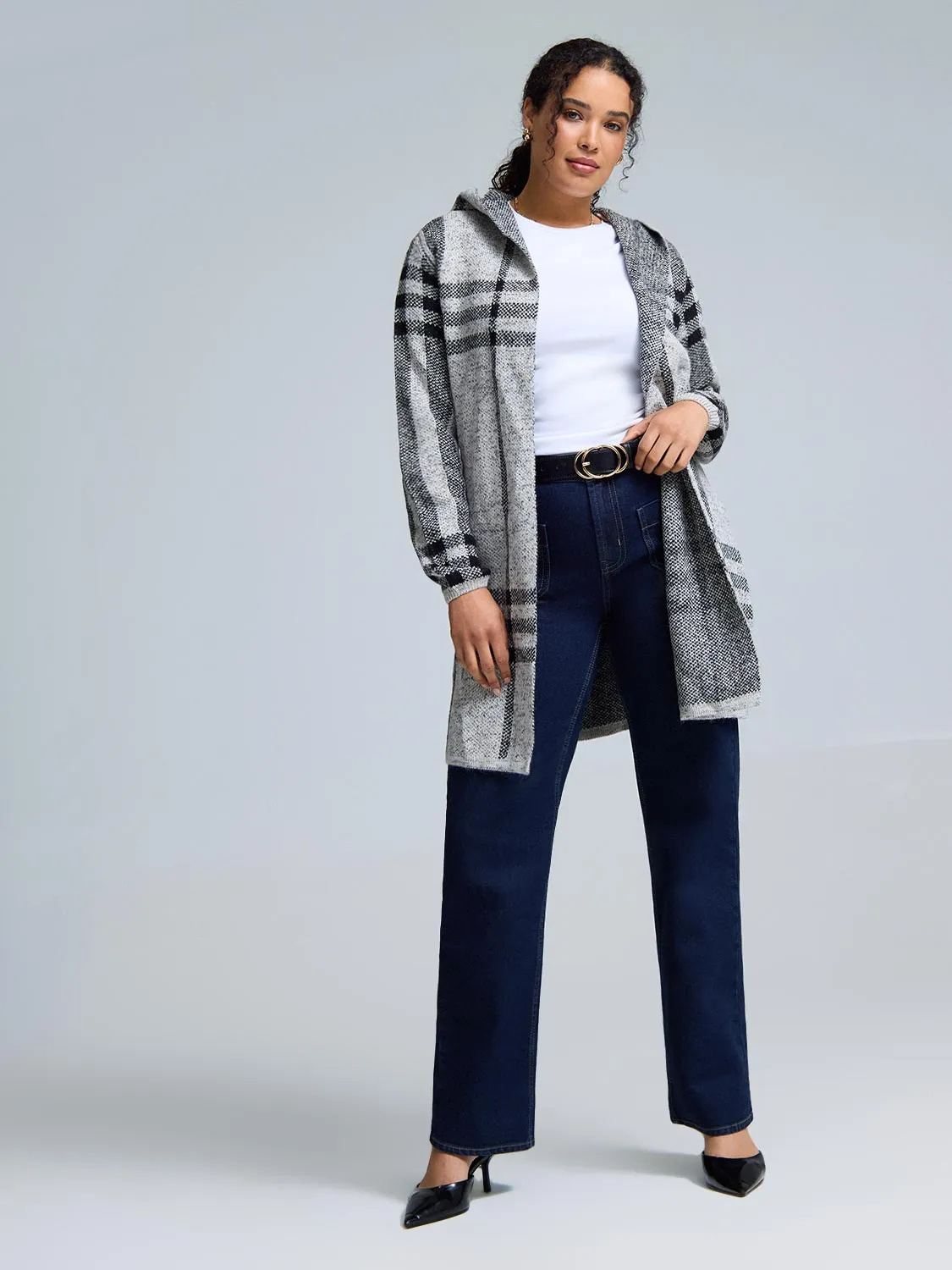 Compression Knit Support Hooded Plaid Coatigan