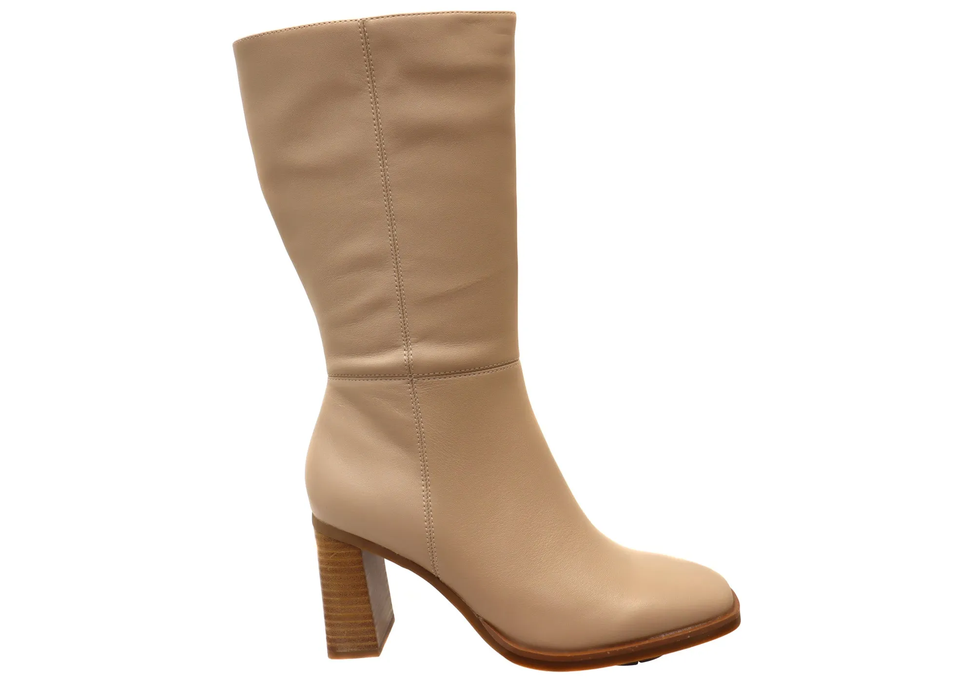 All-Weather Design. Hush Puppies Patron Womens Leather Heeled Mid Calf Nude Boots