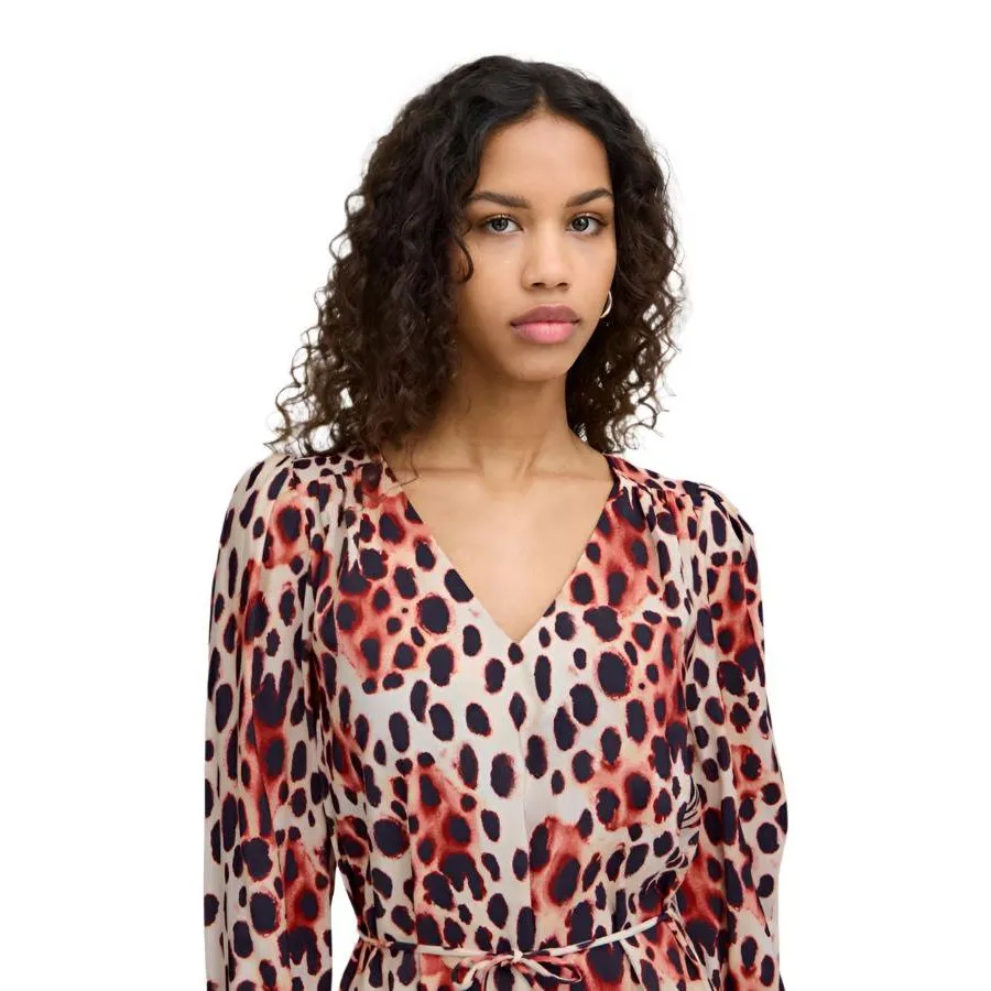 Ichi Womens Yasmeen Dress Cranberry Animal Aop V-Neck jewelry accents