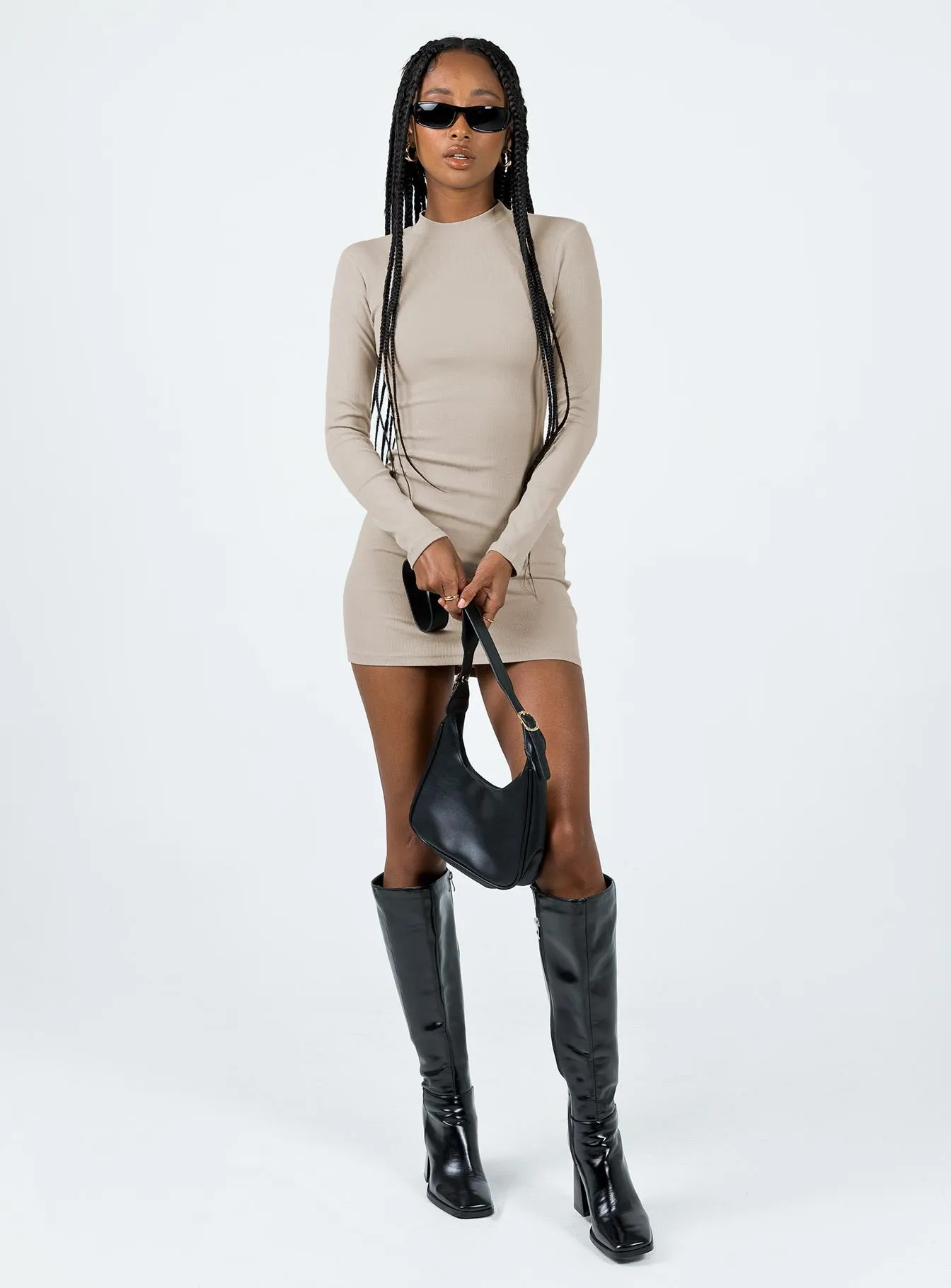 Flowy summer gown SoftTouchTexture Diani Long Sleeve Mini Dress Beige