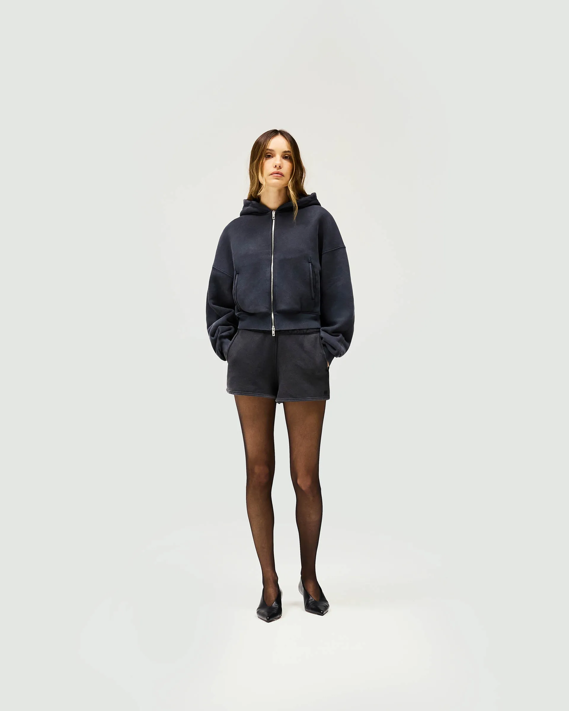 Initial Oversized Crop Hoodie - Washed Black Classic Layer Smooth Texture