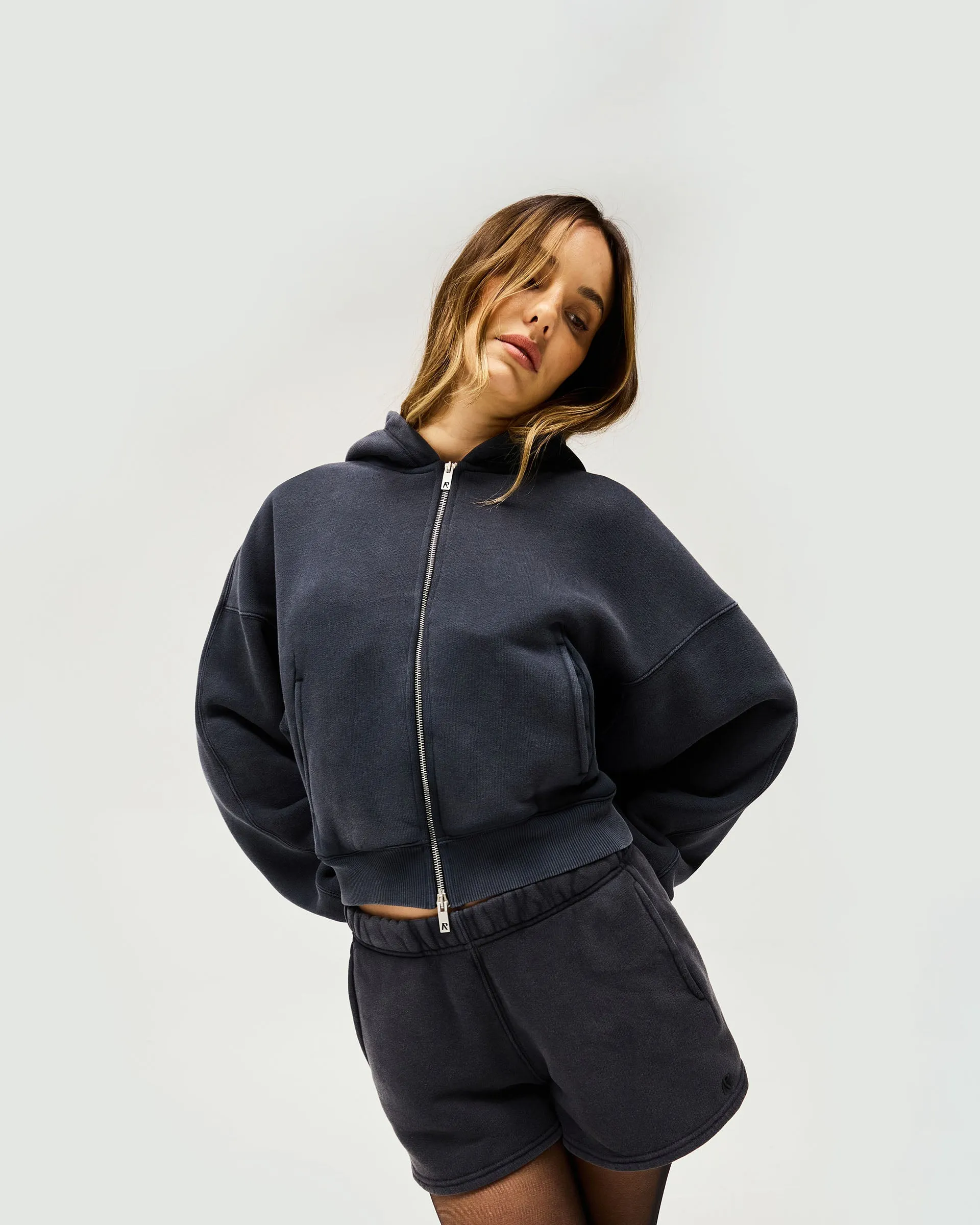 Initial Oversized Crop Hoodie - Washed Black Embroidered Detail