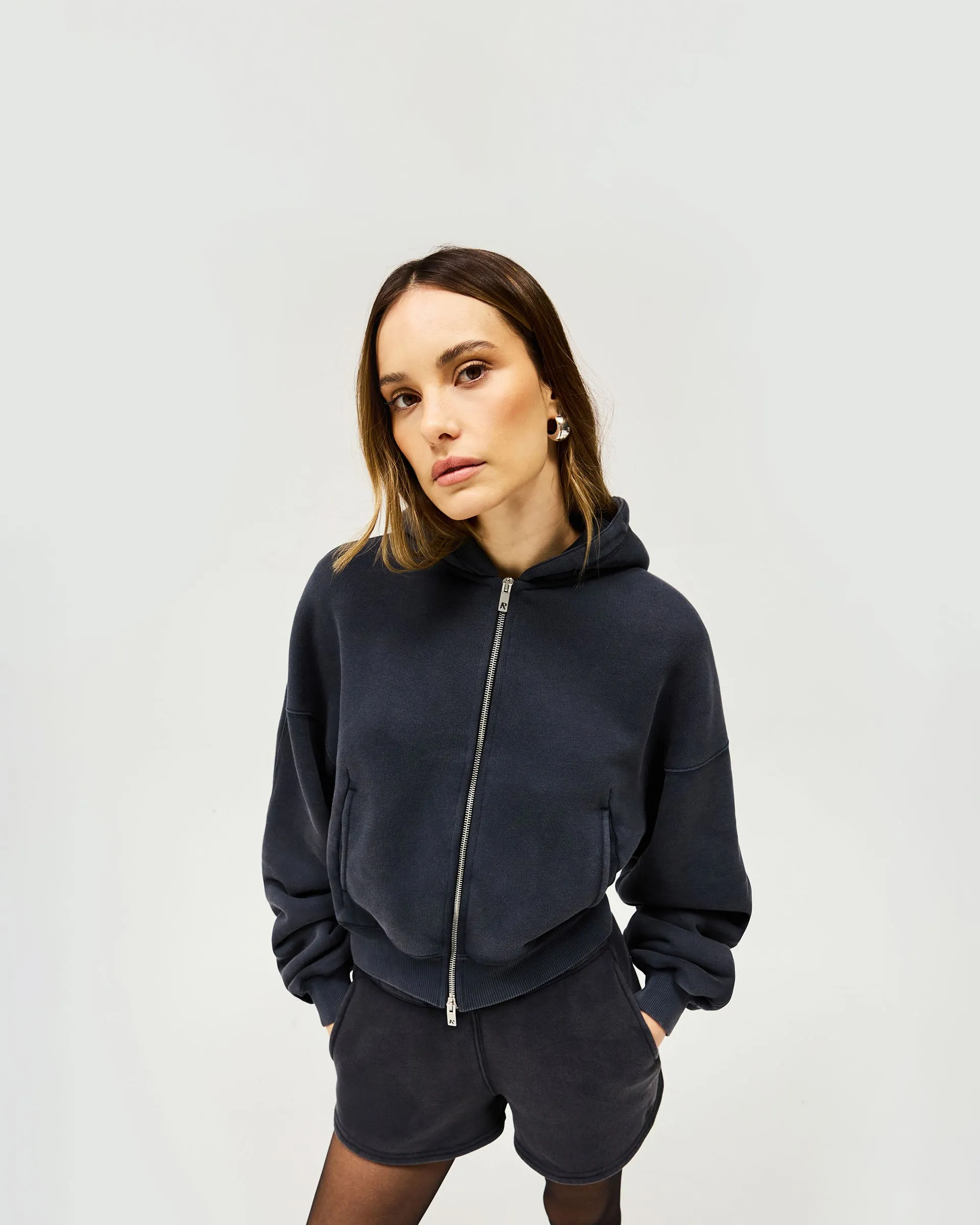lanyard accents Initial Oversized Crop Hoodie - Washed Black