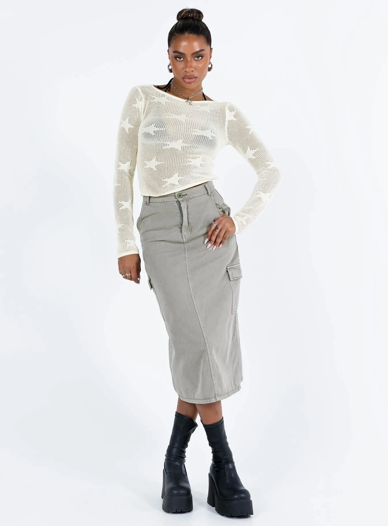 Jacko Midi Cargo Skirt Olive Green Fashion Pulse elastic waistband