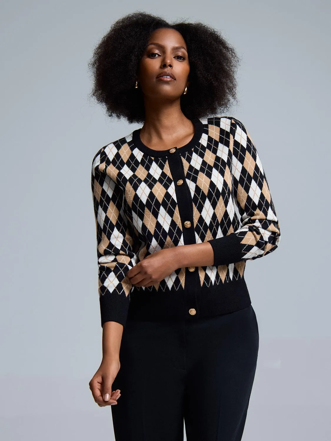 Crewneck Style Natural Drape Jacquard Button-Front Cardigan