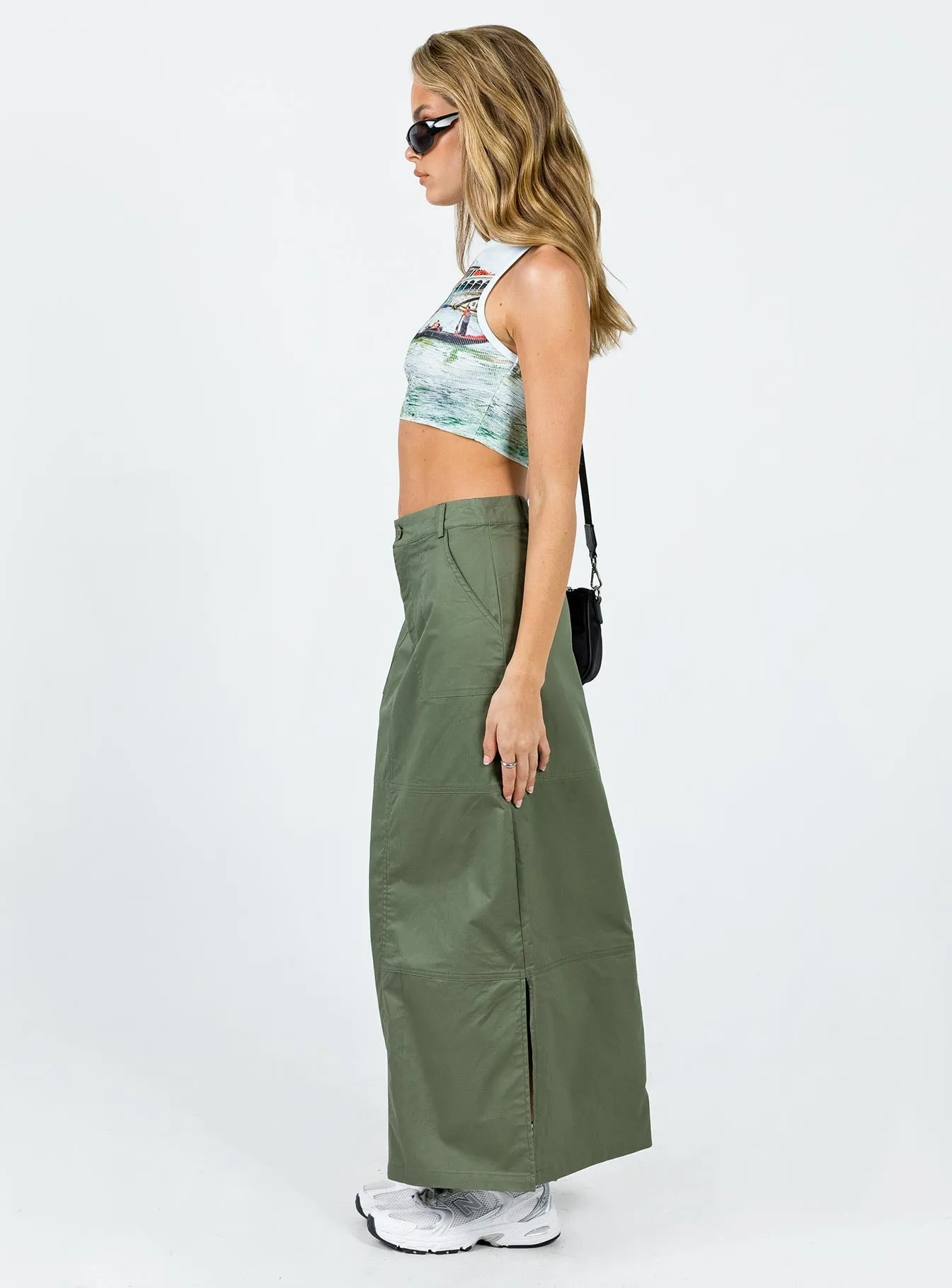 Earth Tones natural fiber Devine Cargo Maxi Skirt Khaki