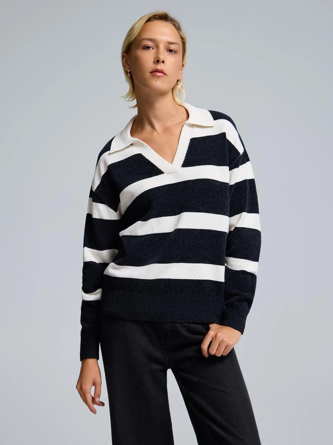 Warm Essentials Johnny Collar Striped Chenille Sweater