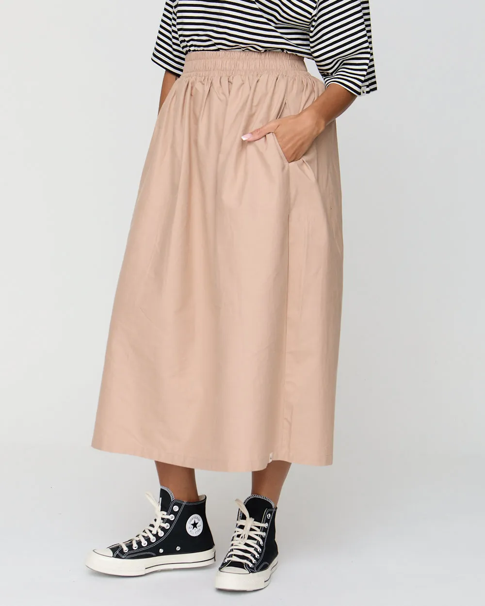 Joyce Beige Midi Skirt Outfit Combo Inverted Pleats