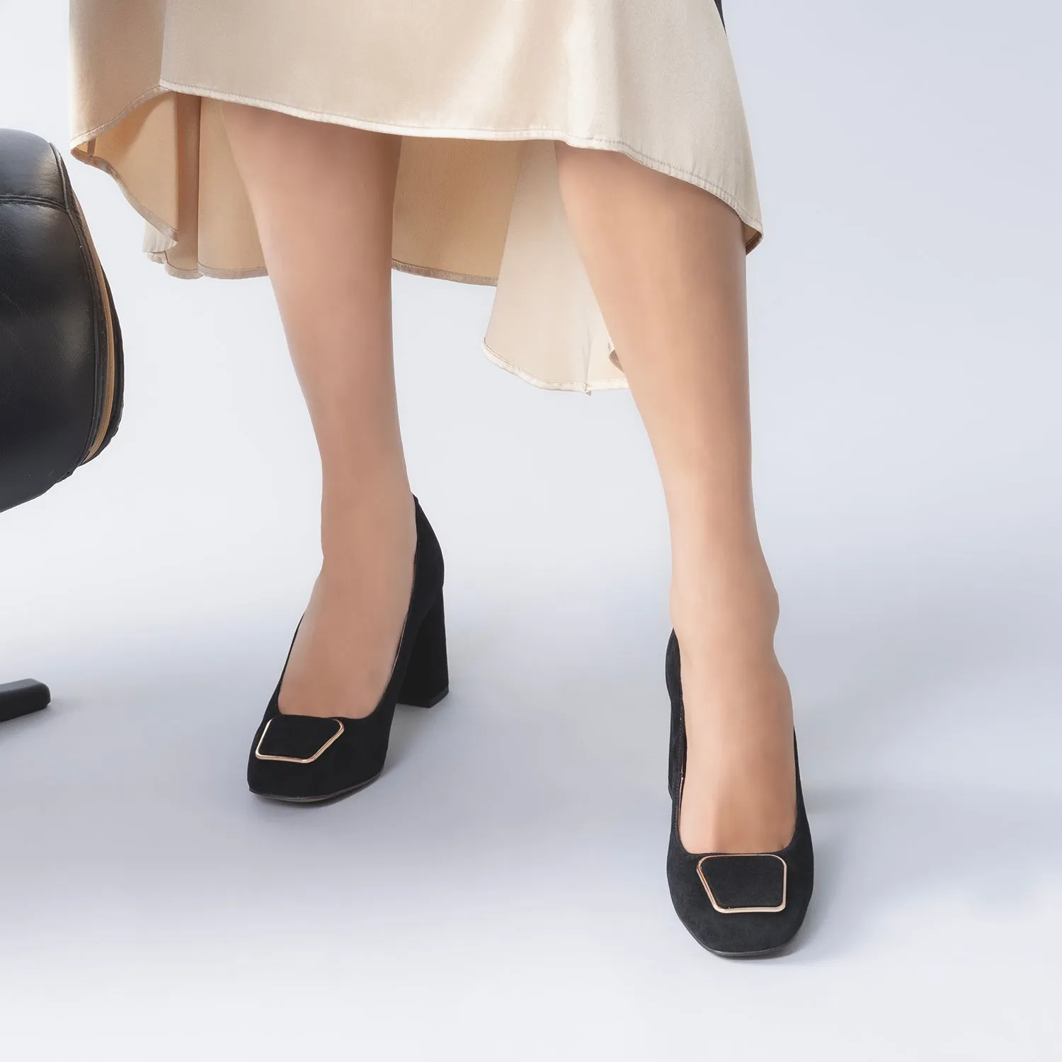 Julia Pump Heel | Black suede Chunky Heeled Boots Open Heel Sandals