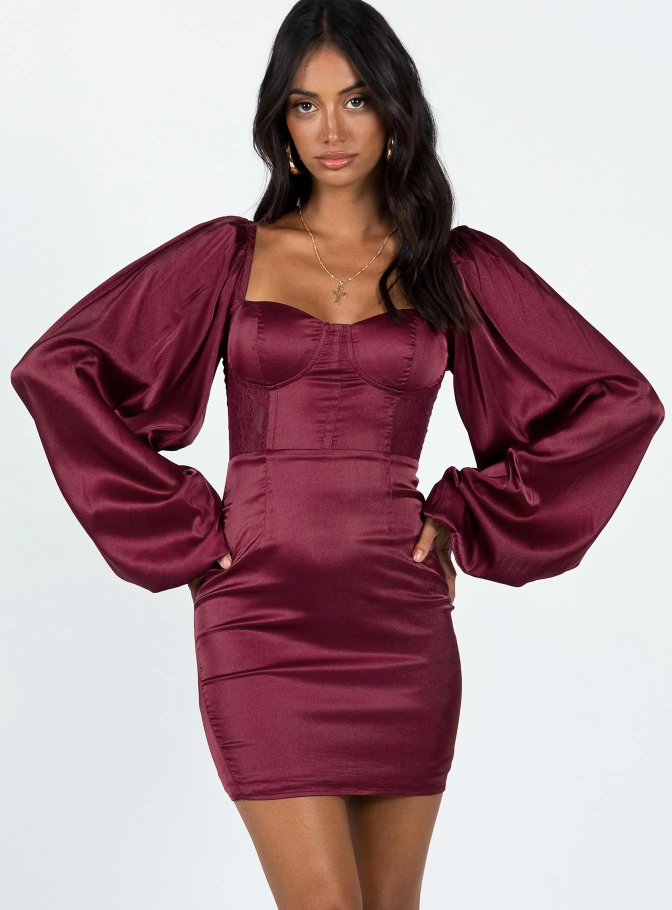 Karuah Long Sleeve Mini Dress Burgundy Button Accent Smooth Feel